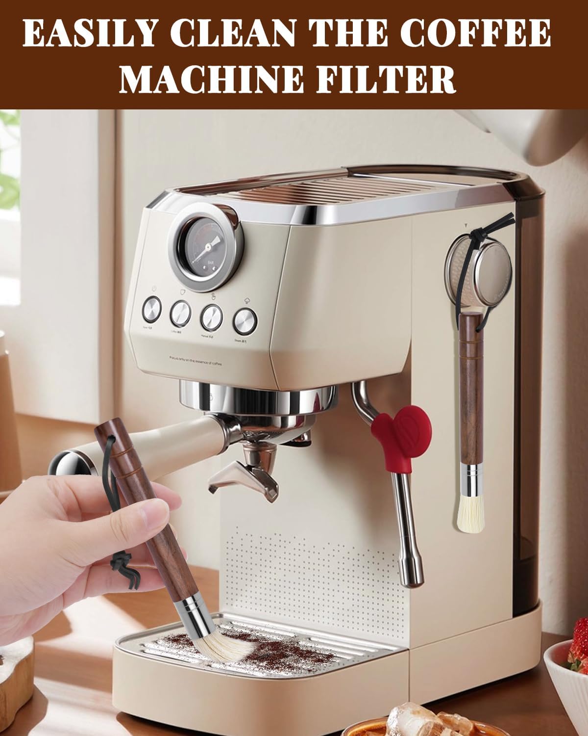 Ebony Bristle Coffee Brush, Espresso Accessories Kit – Portafilter Brush Espresso Kit for Espresso Machine, Grinder, Countertop, 2 Pack