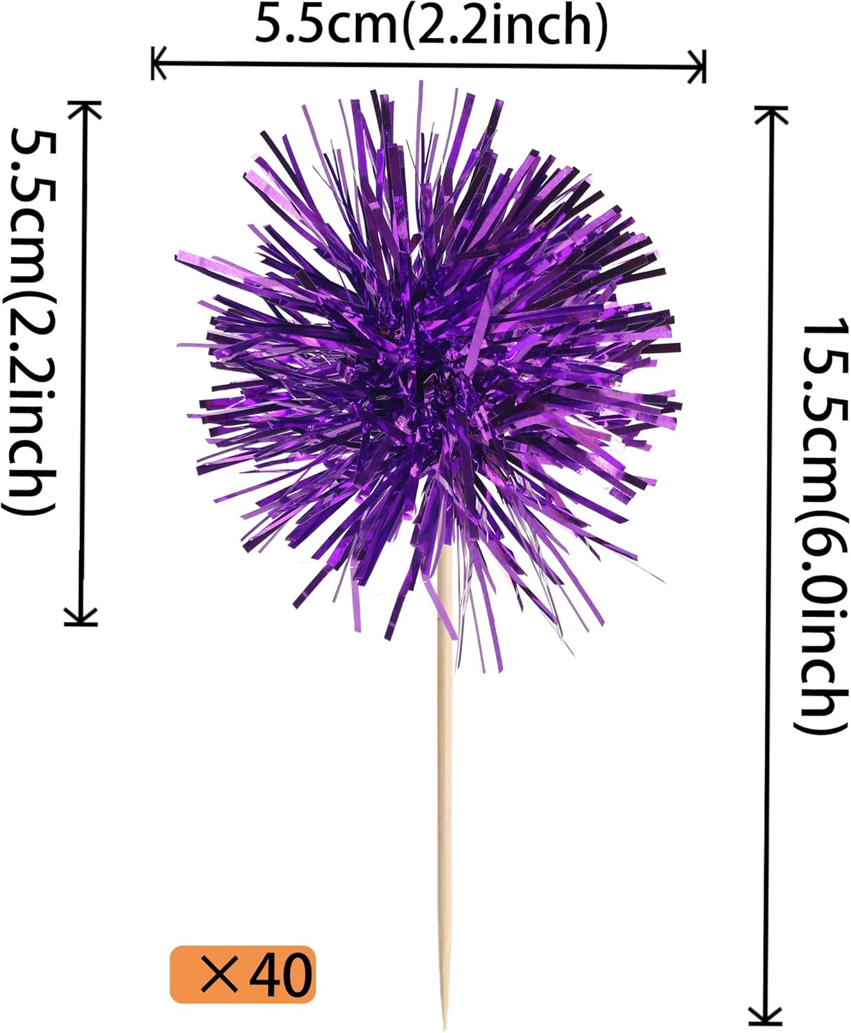 40 PCS Foil Firework Cupcake Toppers Fireworks Cupcake Picks Sparkle Tinsel Cake Decorations Cocktail Fruit Toothpick for Firework Theme Birthday Wedding Graduation Party Decorations Supplies Purple