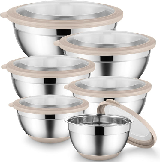 Mixing Bowls with Lids Set of 6, Large Metal Nesting Mixing Bowls, Stainless Steel Non-Slip Salad Bowl Khaki – Size 1, 1.5, 2, 2.6, 3.5, 7QT