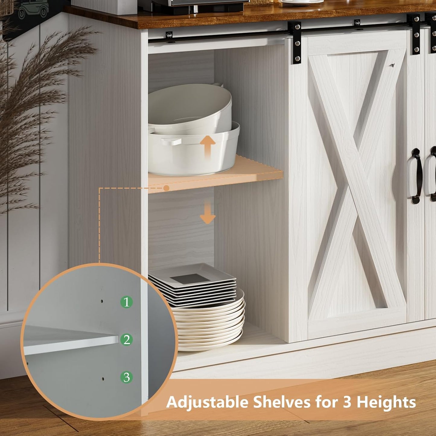 4ever2buy Farmhouse Coffee Bar Cabinet with Sliding Barn Doors, 72'' Hutch Cabinet with Storage, White Bar Cabinet with Glass Doors and Wine Rack, Tall Wine Bar for Living Dining Room