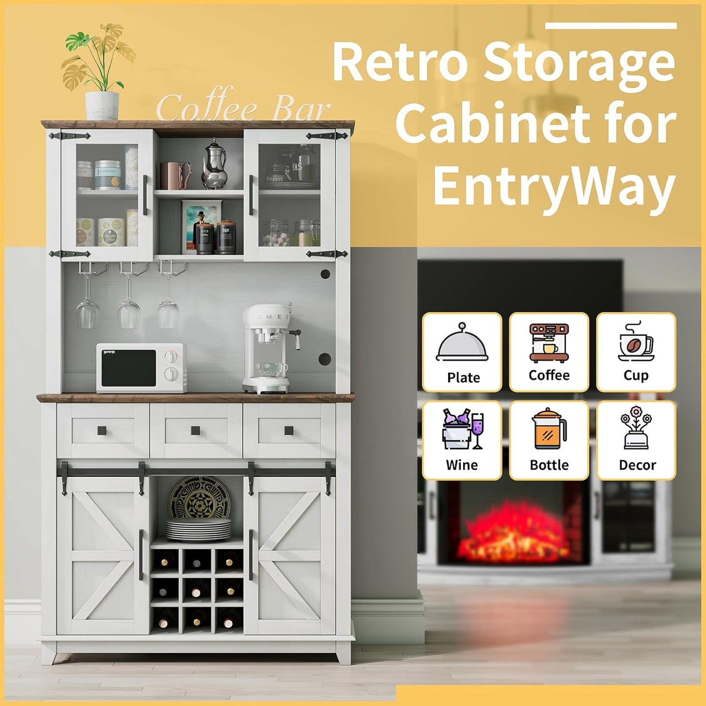 72" Coffee Bar Wine Cabinet with Sliding Barn Door & LED Lights, Sideboard Buffet Cabinet with Wine Bottle Rack, 3 Drawers, Storage Cabinet for Kitchen, Dining Room, White