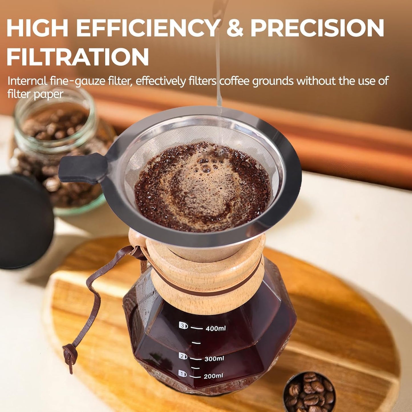 Pour Over Coffee Maker 400ml with 304 Stainless Steel Filter and Wooden Collar Holder Borosilicate Glass Drip Coffeemaker Server Set Clear Hand Brew Dripper Carafe for Home Camping Travel 13.5oz