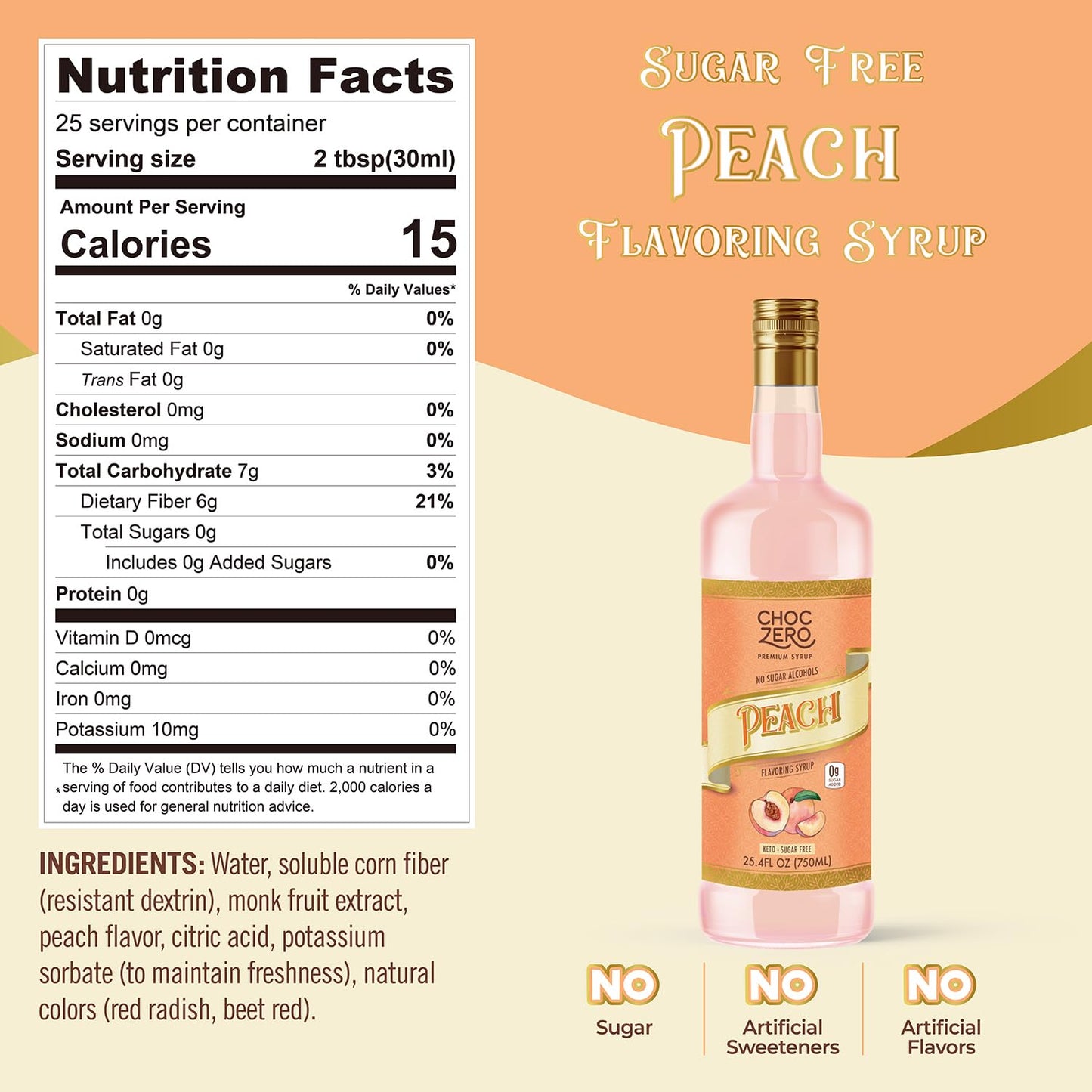 ChocZero Peach Syrup – Sugar Free Flavoring Syrup for Coffee, Tea & Cocktails – Keto Friendly, Low Carb, No Sugar Alcohols, Vegan & Gluten Free – 25.4 Fluid Ounces