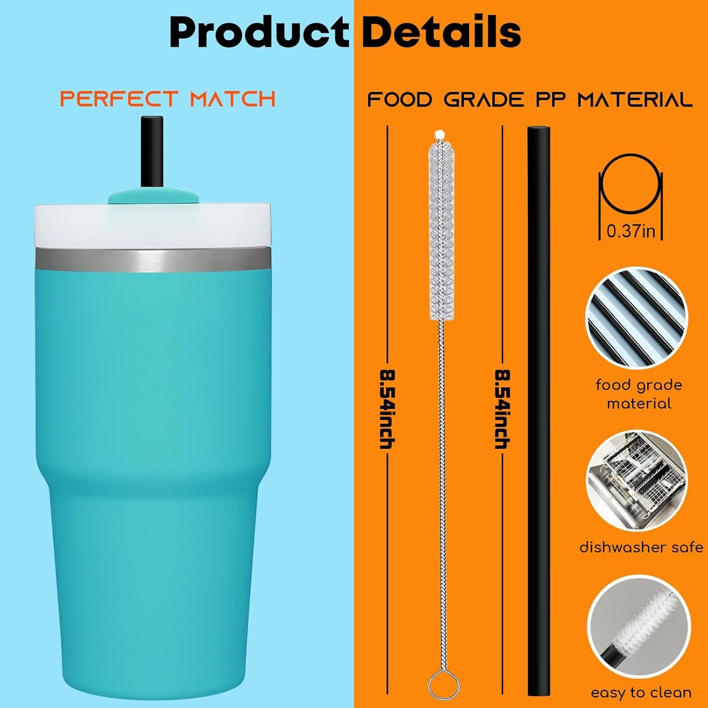 ALINK Black Replacement Straws for Stanley 20oz 14oz Tumble, 6 Pack Reusable Straws for Stanley Quencher 20oz 14oz Cups with Cleaning Brush, Dishwasher Safe and BPA Free