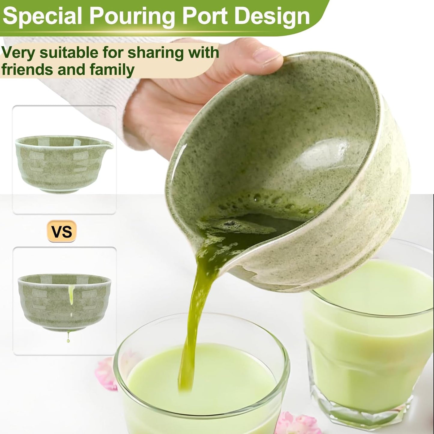 HengLiSam 7 Pcs Matcha Whisk Set, Matcha Set with Ceramic Bowl, Whisk, Whisk Holder, Bamboo Scoop, Sifter, Spoon and Holder, Matcha Kit for Matcha Lover (Matcha Green)