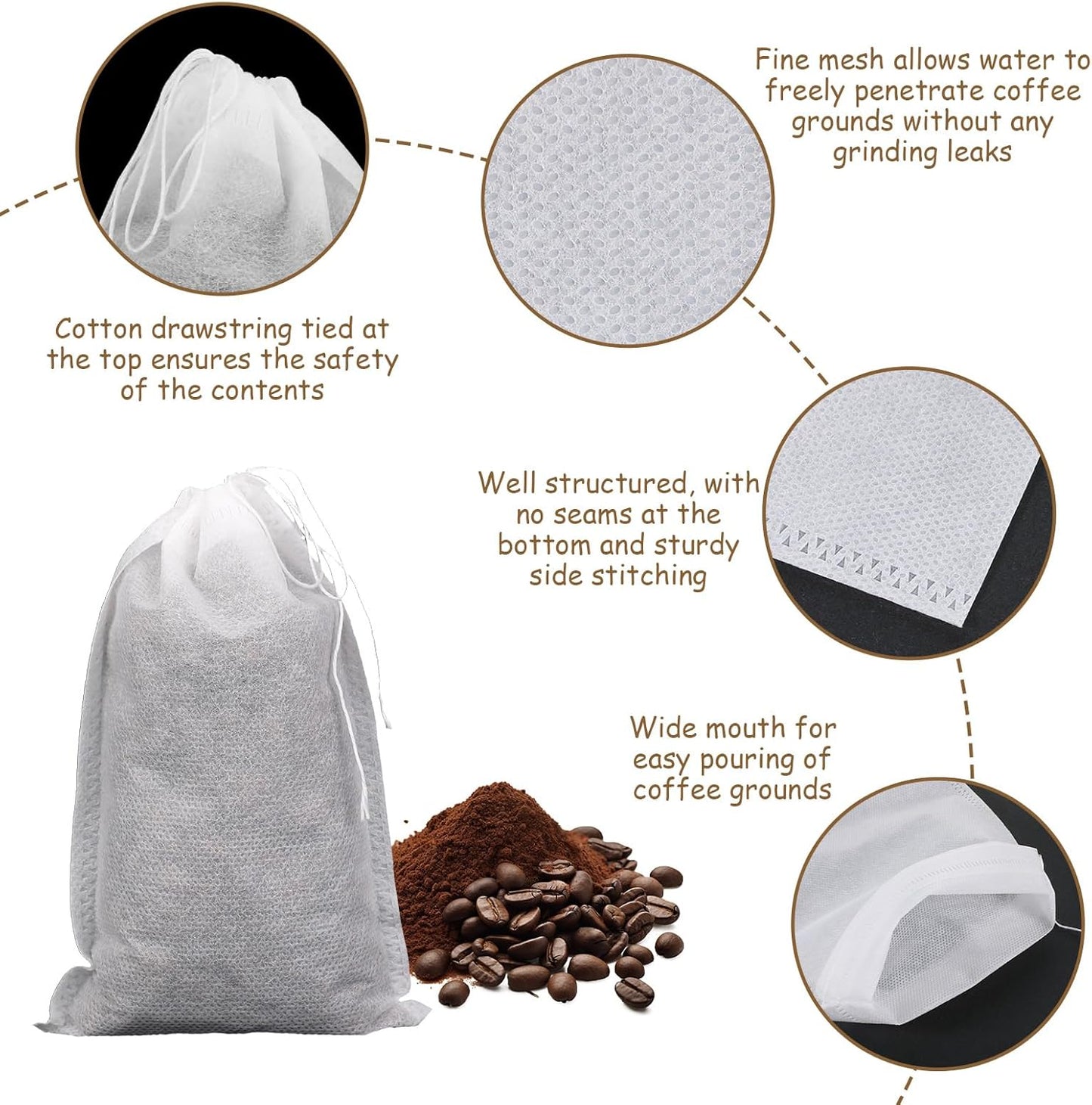 50 Pcs No Mess Cold Brew Bags 6x10 inch Coffee Bags Disposable Filter Bag Brewing Fine Mesh Drawstring Pouches for Coffee Grounds Ice Tea Spice