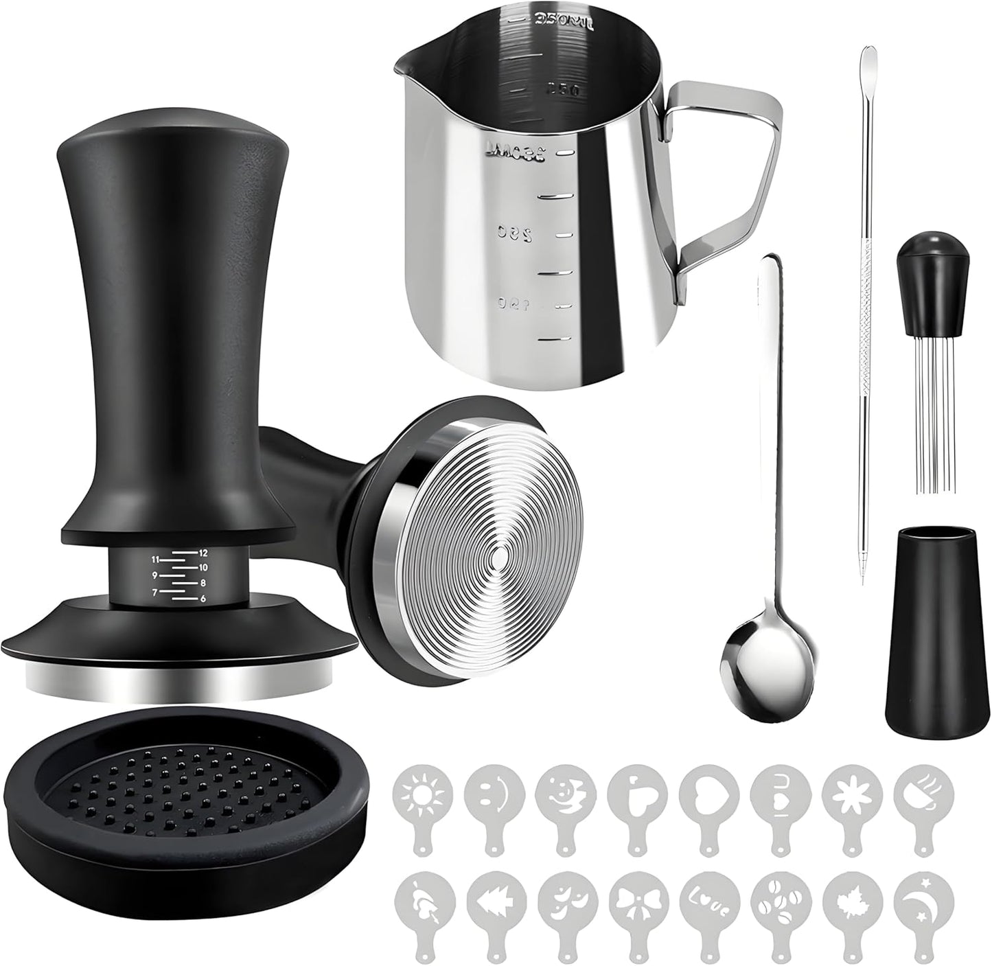 Coffee Tamper, 22 PCS Espresso Accessories Kit Including 51mm Coffee Tamper WDT Tool Tamper Mat Coffee Stirrer Latte Art Pen Milk Frothing Pitcher Coffee Stencils