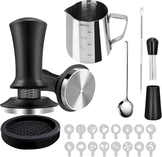 Coffee Tamper, 22 PCS Espresso Accessories Kit Including 51mm Coffee Tamper WDT Tool Tamper Mat Coffee Stirrer Latte Art Pen Milk Frothing Pitcher Coffee Stencils