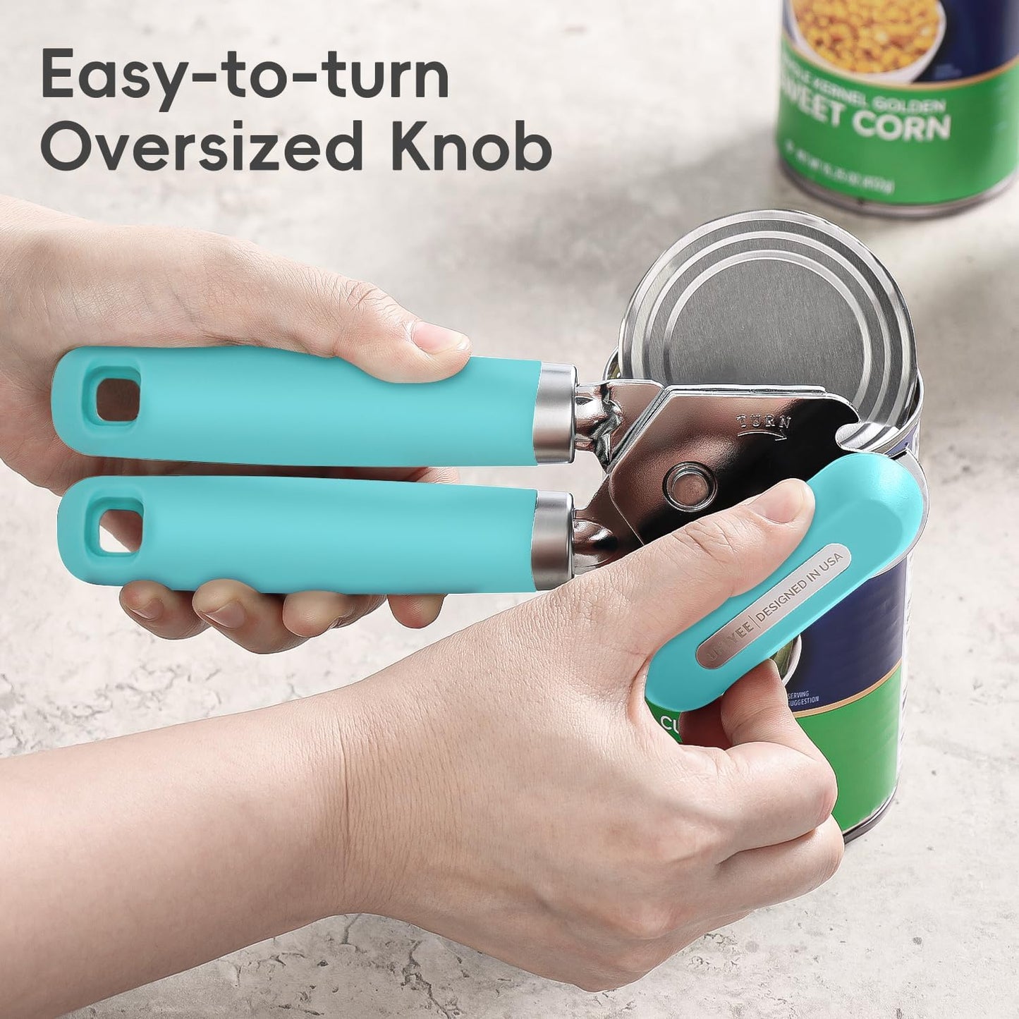 Can Opener Manual, UHIYEE Hand Held Manual Can Openers Heavy Duty with Smoother Cut Sharp Blade, Manual Hand Can Open with Soft Handle, Easy to Turn Knob, Magnetic Lid Lifter, Turquoise