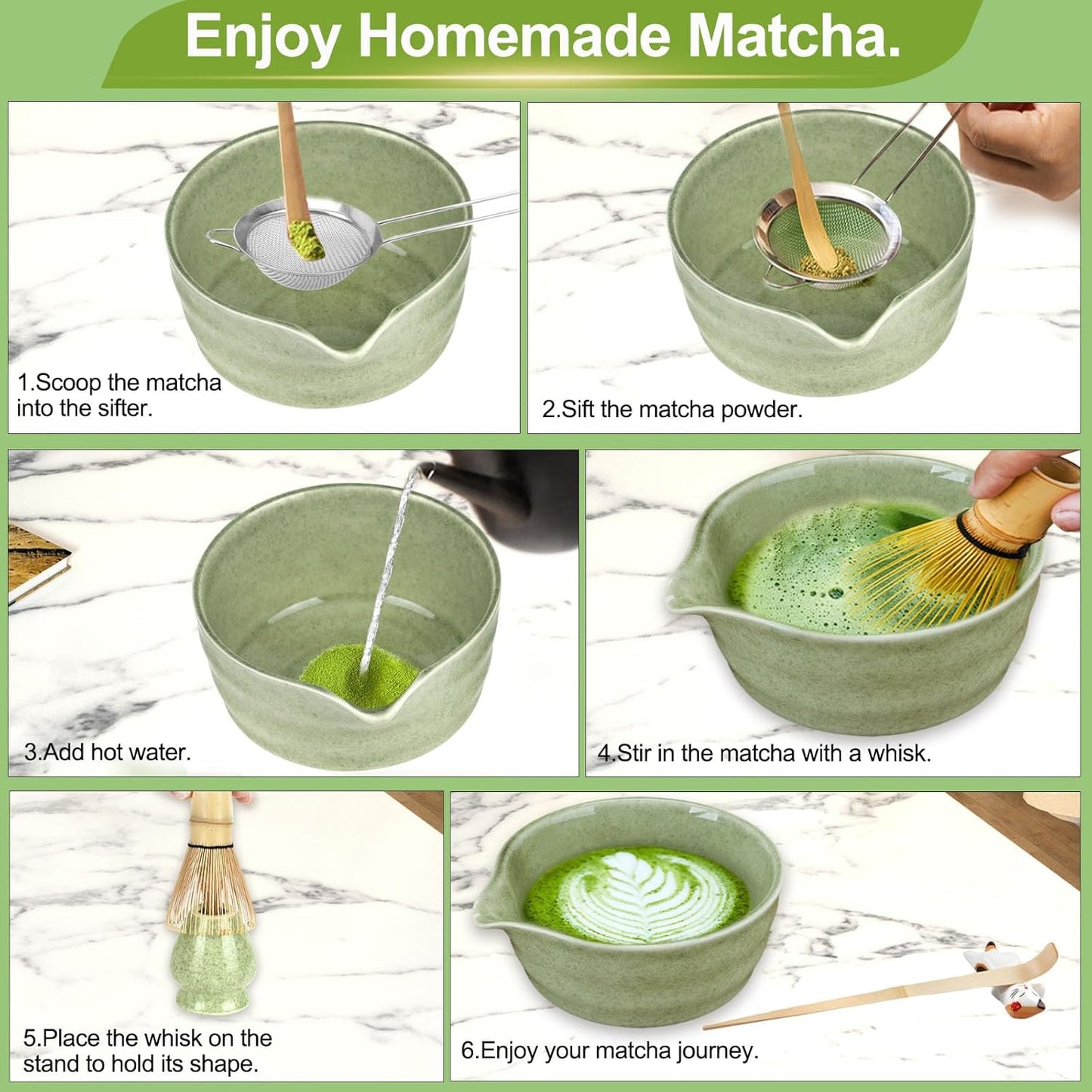 HengLiSam 7 Pcs Matcha Whisk Set, Matcha Set with Ceramic Bowl, Whisk, Whisk Holder, Bamboo Scoop, Sifter, Spoon and Holder, Matcha Kit for Matcha Lover (Matcha Green)