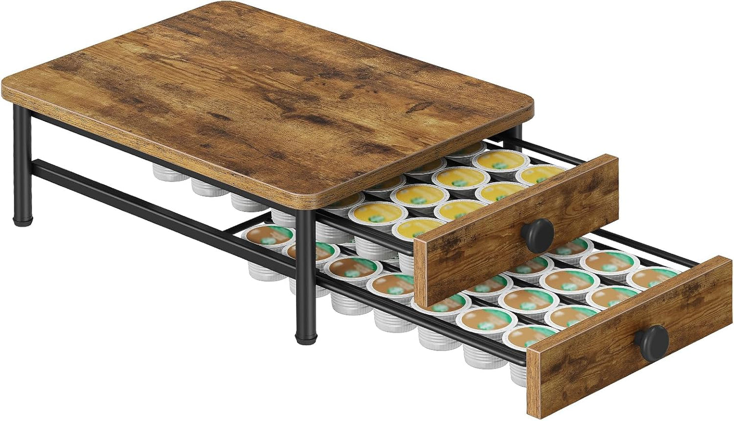 Coffee Pod Drawer Holder for K Cup, 56 Pods Capacity, 2 Tier Organizer for K Cup, Coffee Pod Organizer for Countertop, Space Saving, Easy Assembly, Rustic Brown KH28BRY1