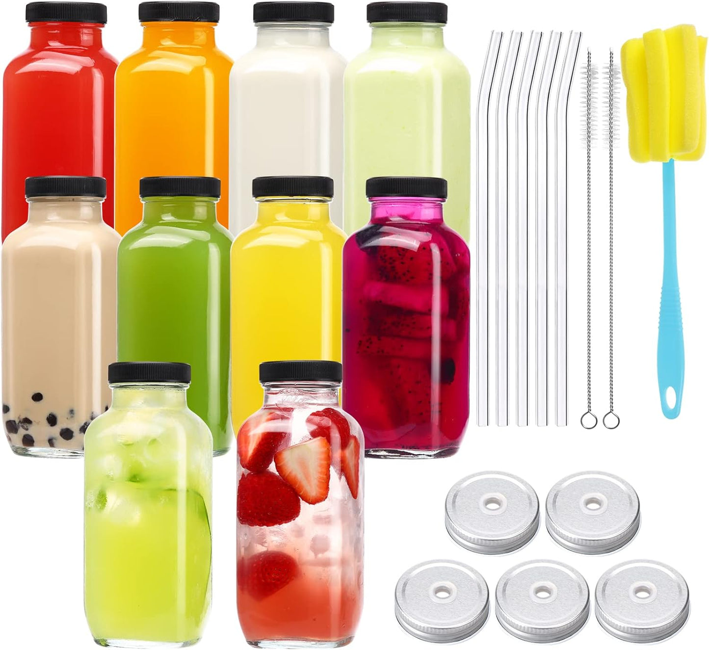 CUCUMI 10pcs 16oz Glass Juice Bottles with Lids, Reusable Juice Containers Drinking Jars Water Cups with Brush, Glass Straws, Lids with Hole
