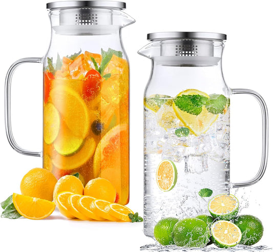 2 Pack 1.2 Liter 40 oz Small Glass Pitcher with Lid and Spout, Glass Carafe Water Pitcher for Hot/Cold Water, Iced Tea, Drinks, Coffee, Juice and Homemade Beverage