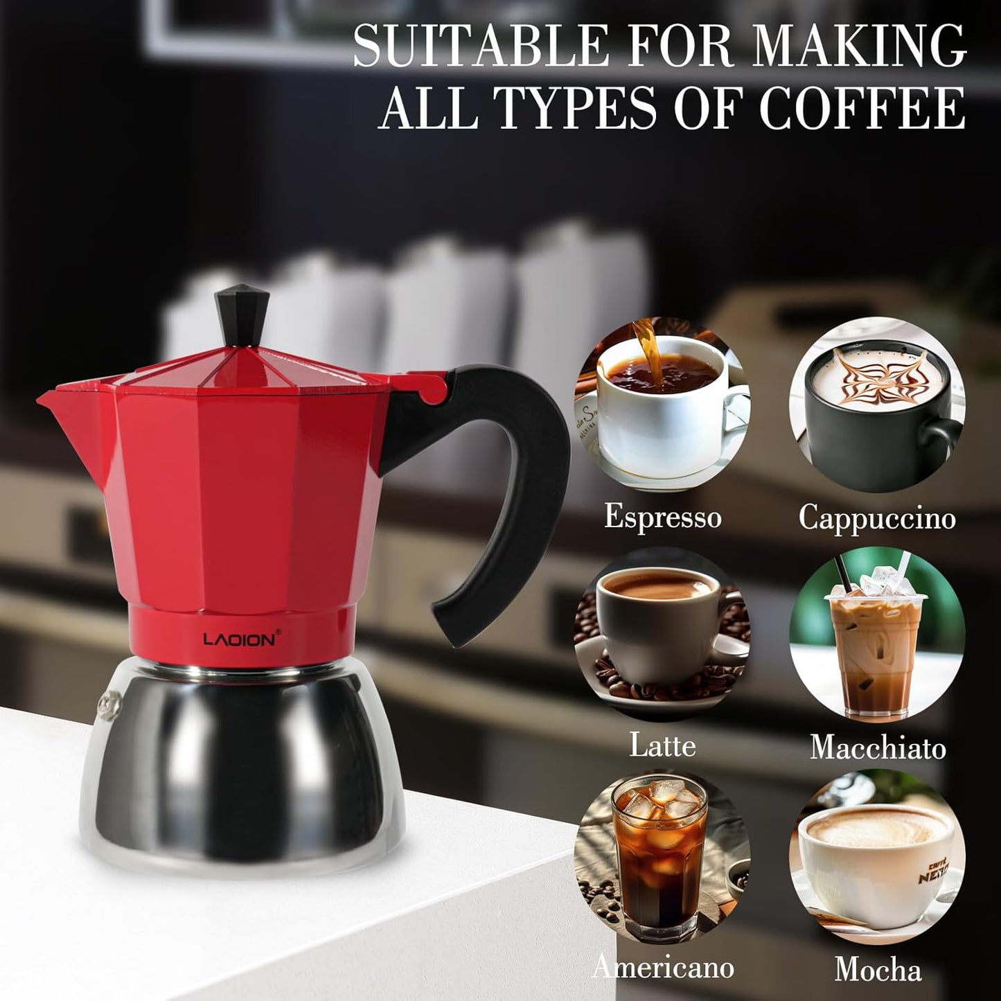 Stovetop Espresso Maker, 6Cup Moka Pot, Espresso Machine Compatible with Induction Cooktops, 300ml Stainless Steel & Aluminum Cuban Coffee Maker for Cafetera Cubana, Red