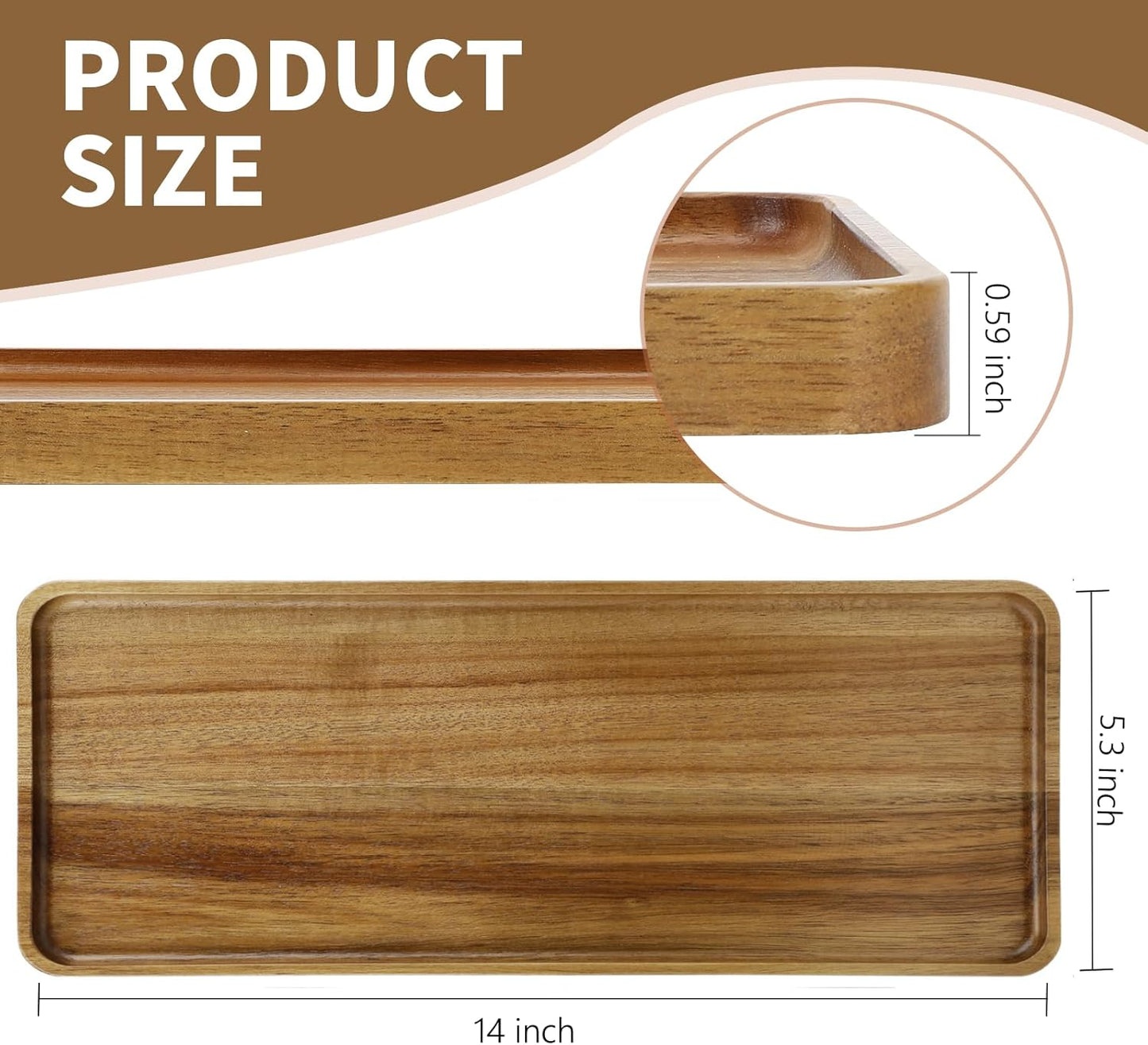 1 pcs 14"x5.3" Solid Acacia Wood Serving Trays Rectangular Wooden Serving Platters Natural Wooden Boards for Bar Coffee Party