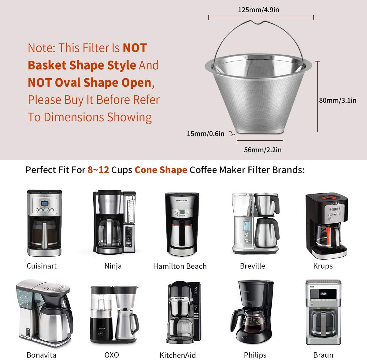 #4 Reusable Permanent Cone Coffee Filters, 8~12 Cup Size 4 Coffee Filters, Perfect Fit for Cuisinart Hamilton Beach Coffee Maker Filter, Replace Cuisinart GTF Gold Tone Coffee Filters