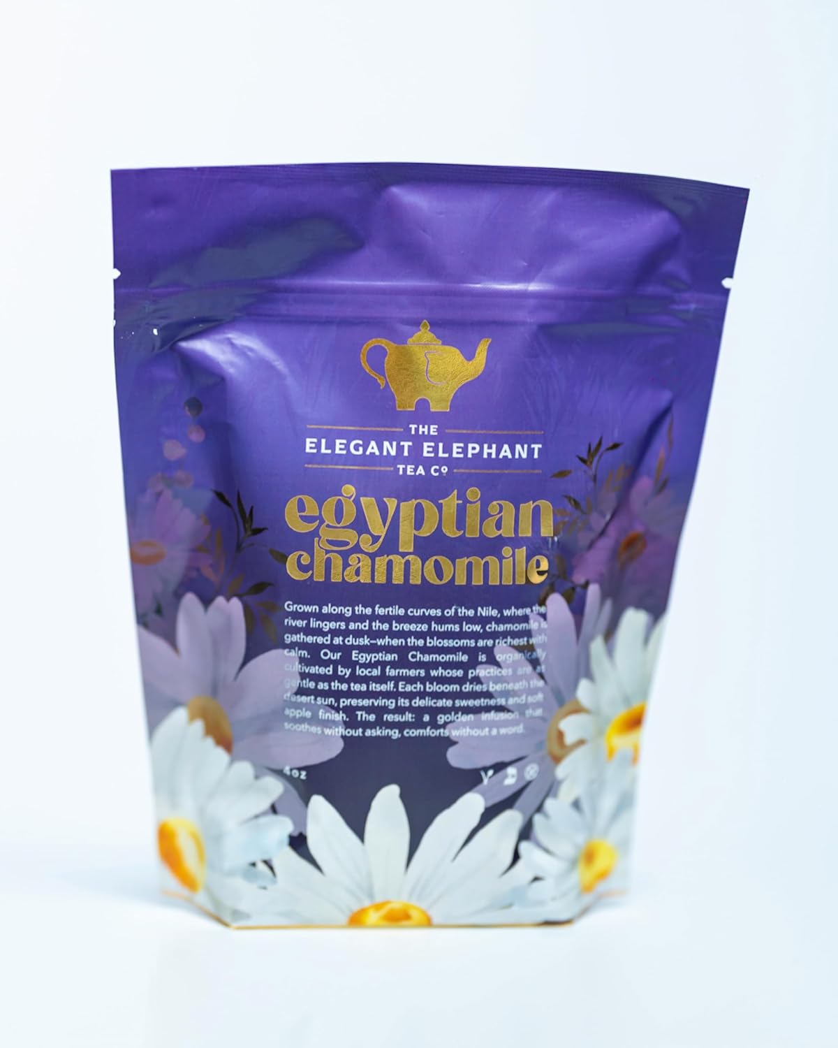 Egyptian Chamomile Tea, Organic Loose Leaf Herbal Tea – Cozy, Calming – Supports Stress Relief, Relaxation & Sleep – 4 oz Resealable Bag (Makes 50 Cups) – The Elegant Elephant