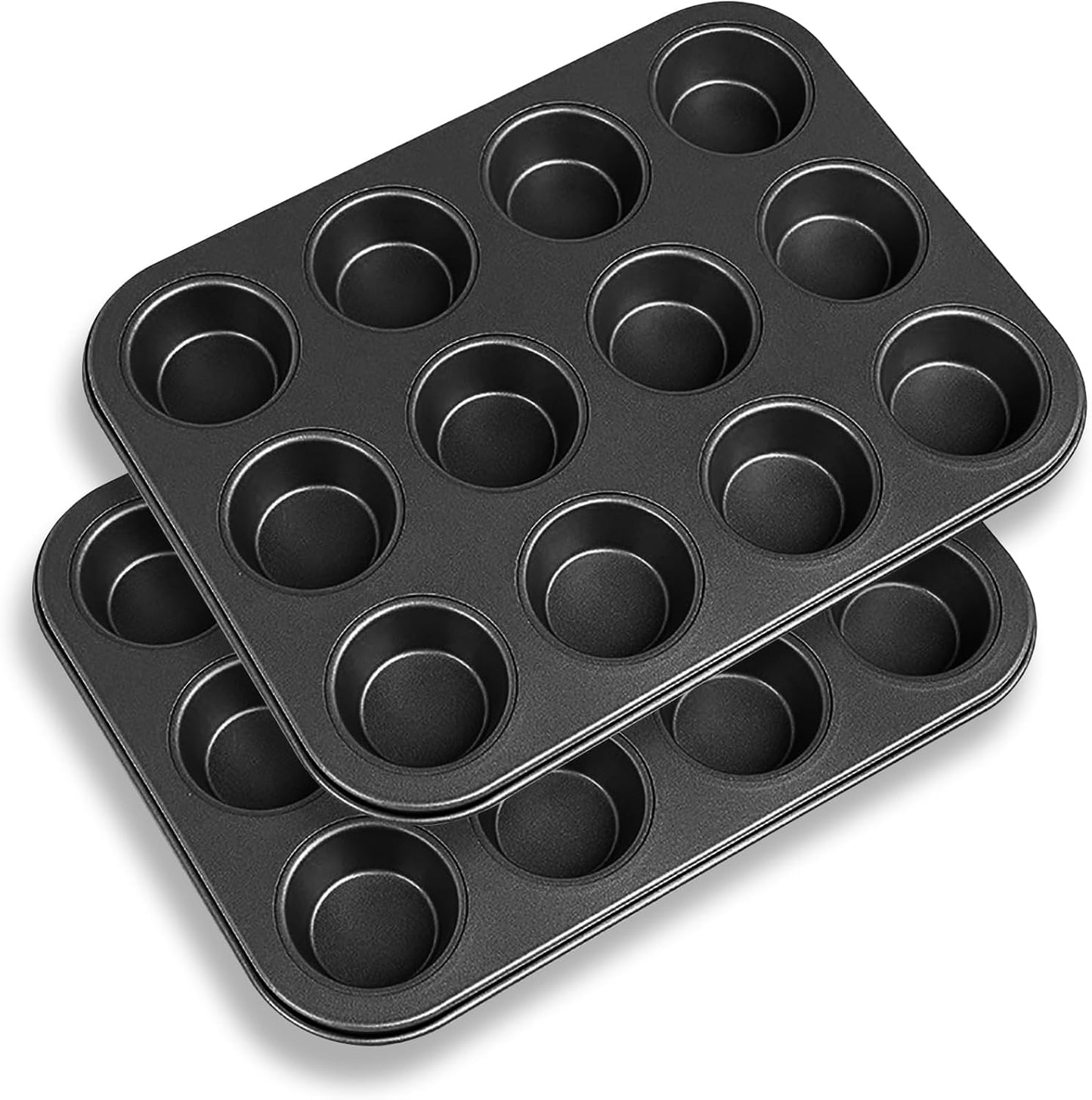 2 Packs Nonstick Round Muffin Baking Pan Tin, 12-Cup Muffin Tin, Cupcake Pans, Cheesecake Pans, Carbon Steel, Black