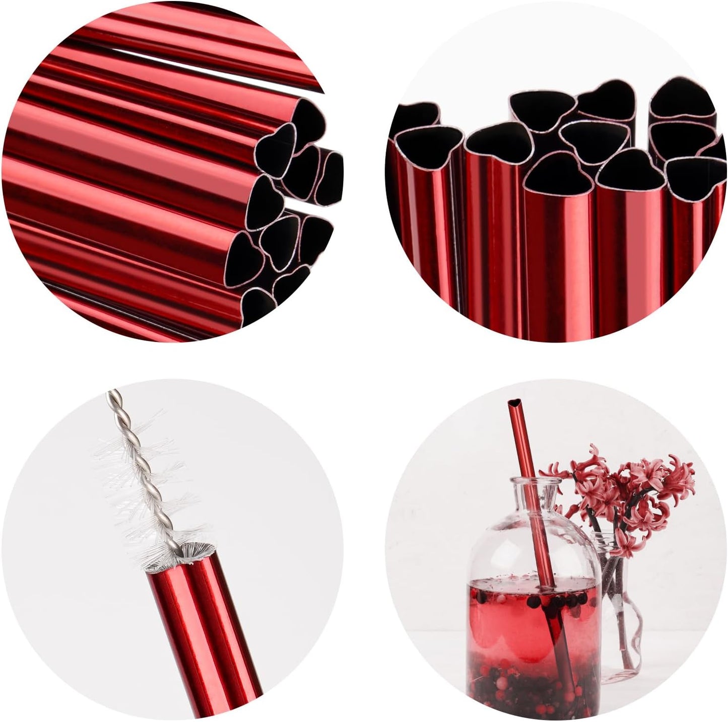 NiHome 16-Pack Heart-Shaped Stainless Steel Drinking Straws with 2 Cleaning Brushes, 8.5" Long Reusable Straws for Stanley Tumbler 14oz, Dishwasher Safe, Safe Edges for Kids (Pearl Red)