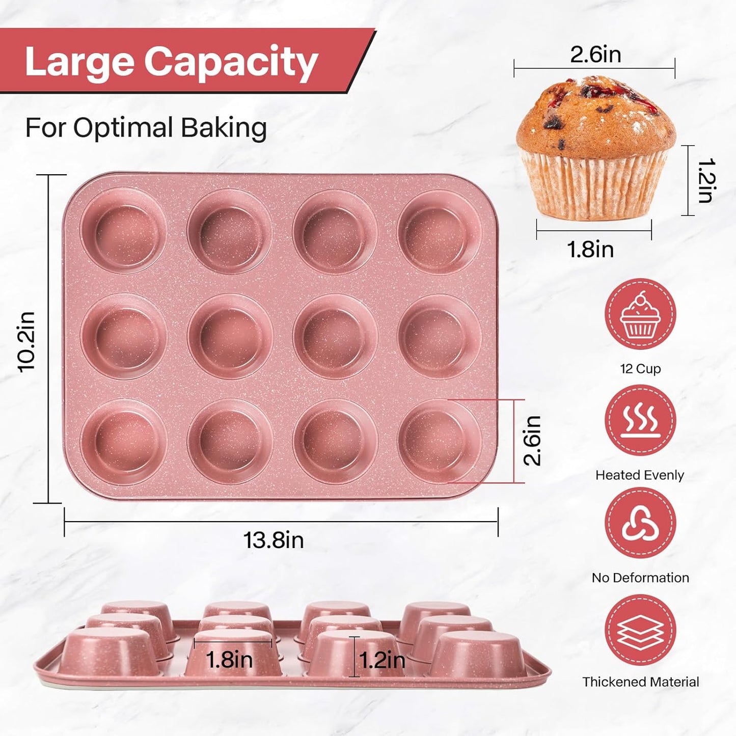 2-Pack Pink Nonstick Muffin Pans, 12-Cup Muffin Cake Pan, 5-Layer Free PFOA/PFOS/PTFE Safe Cupcake Pan, Durable & Easy-Clean Muffin Cup for Baking