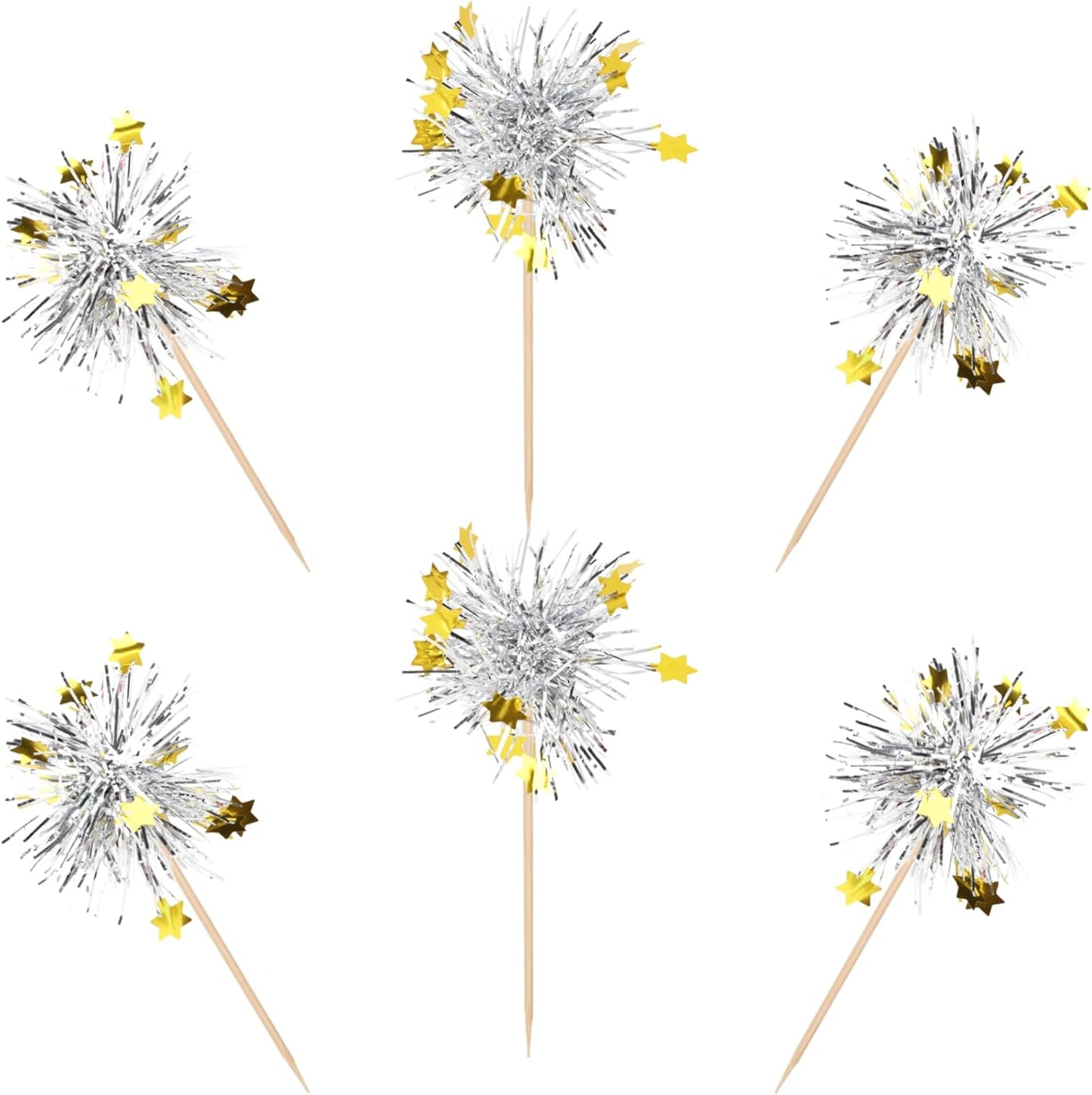 30 PCS Foil Firework Cupcake Toppers Happy Birthday Star Cupcake Picks Sparkle Tinsel Drink Stirrers Cocktail Fruit Toothpicks for Valentine's Day Wedding Birthday Party Decorations Supplies Silver