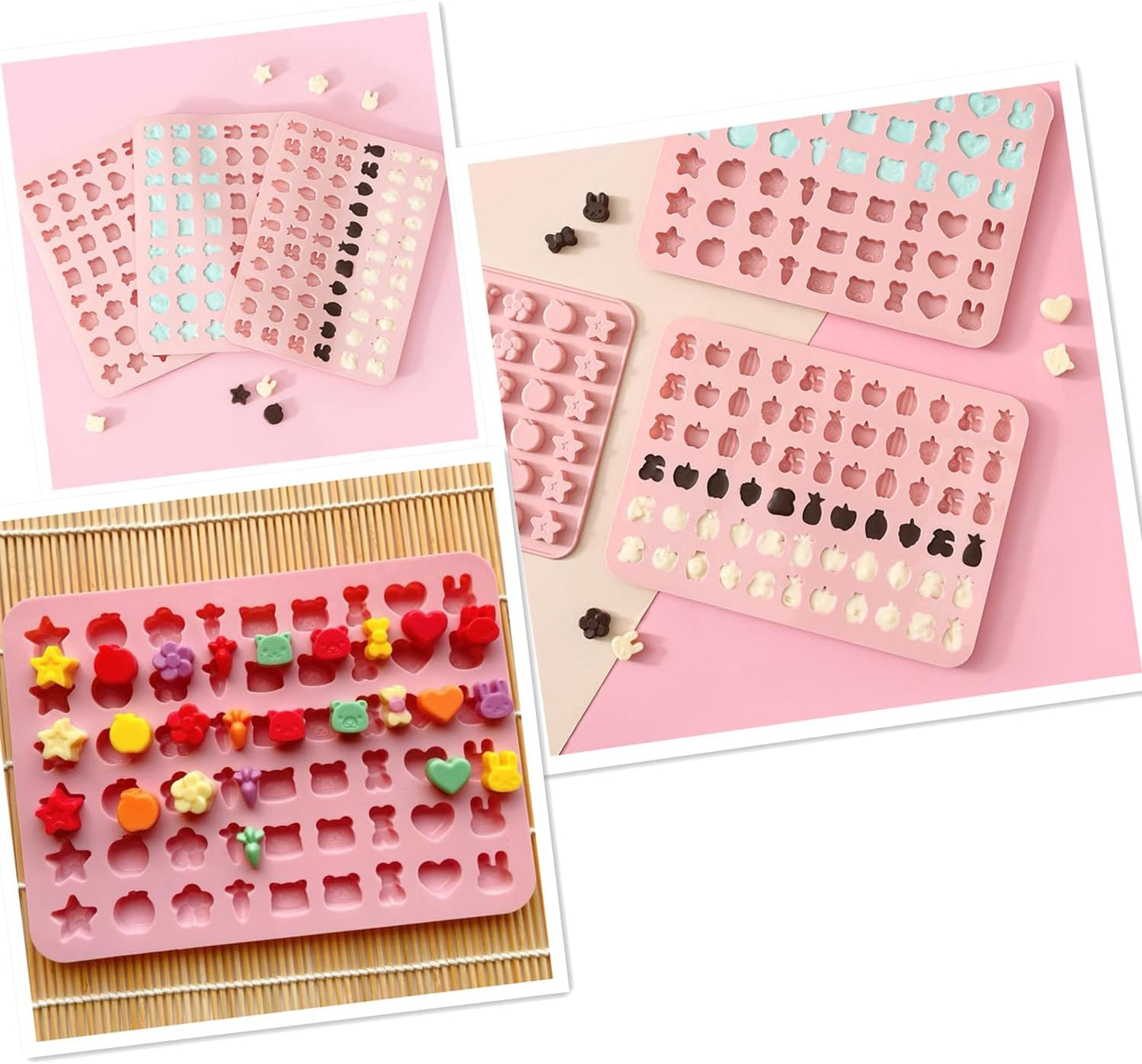 Mini Silicone Molds,120 Cups Chocolate Drops Mold,Fondant Cake Mold for Chocolate,Hard Candy,Biscuits,Cookie,Jelly,Sugarcraft,Homemade Treats and DIY Baking,2 Pack(66 Fruit & 54 Animal) Pink