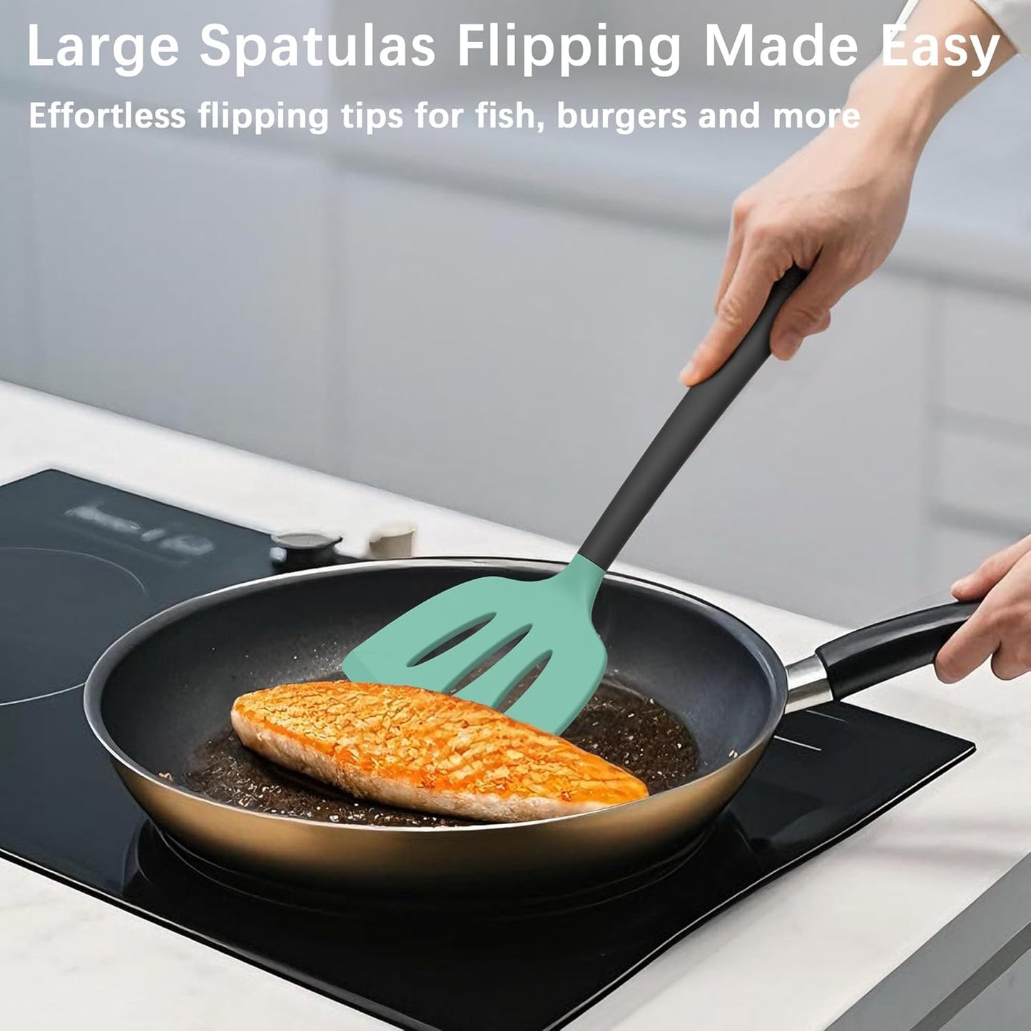 Coukre Silicone Spatula Set of 3, High Heat Resistant, BPA-Free, Kitchen Utensils, Fish Spatula, Solid & Slotted Turner for Non-Stick Pans, Flipping Eggs, Pancakes, Fish, Burgers (3, AquaGreen)