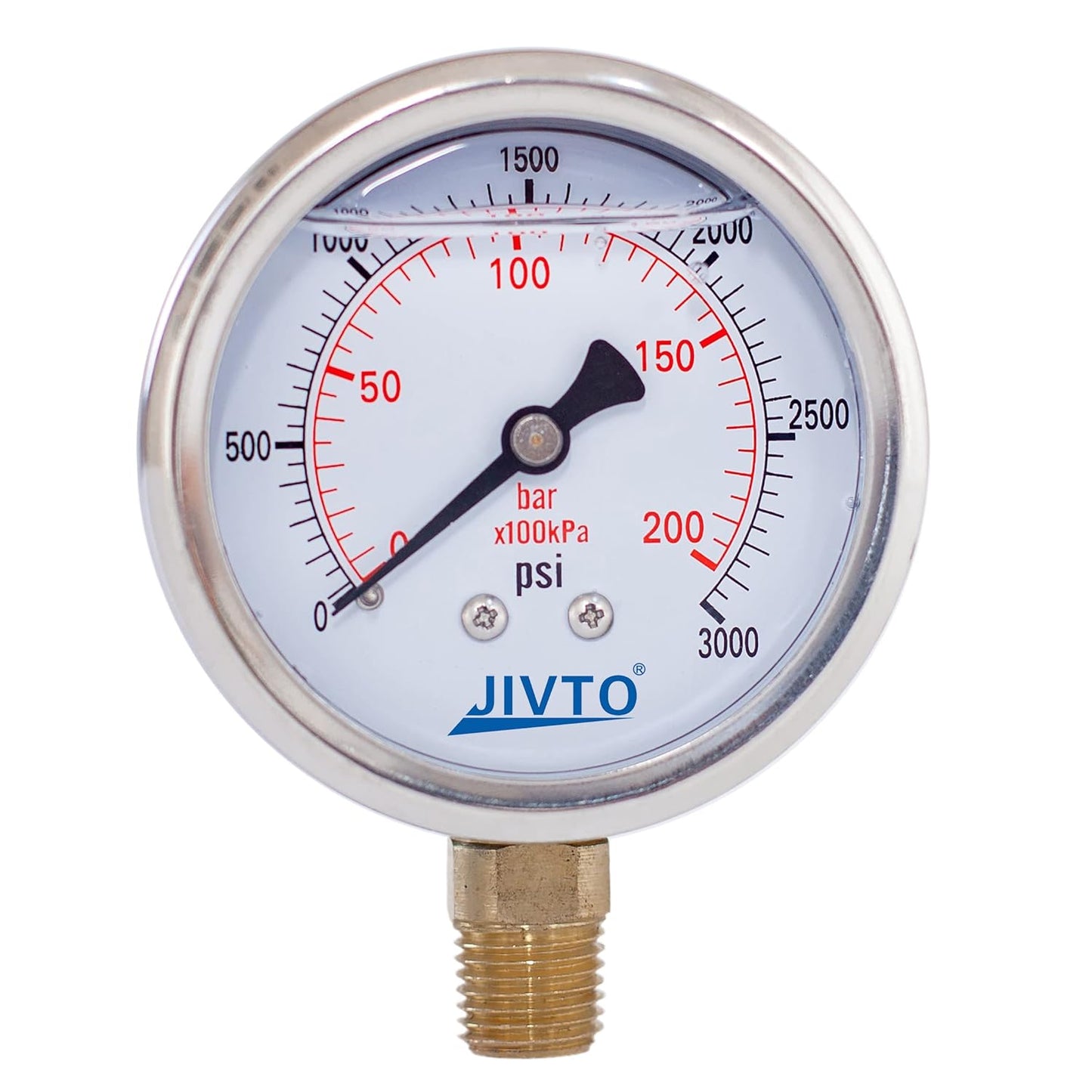 Pressure Gauge,Glycerin Liquid Filled,2.5" Dual Scale Dia,0-3000 psi/bar/kpa,1/4" NPT Male Brass Connection,Lower Mount, Stainless Steel Case,for Pneumatic,Pump,Hose,Well Tank,Gas Air Water Oil