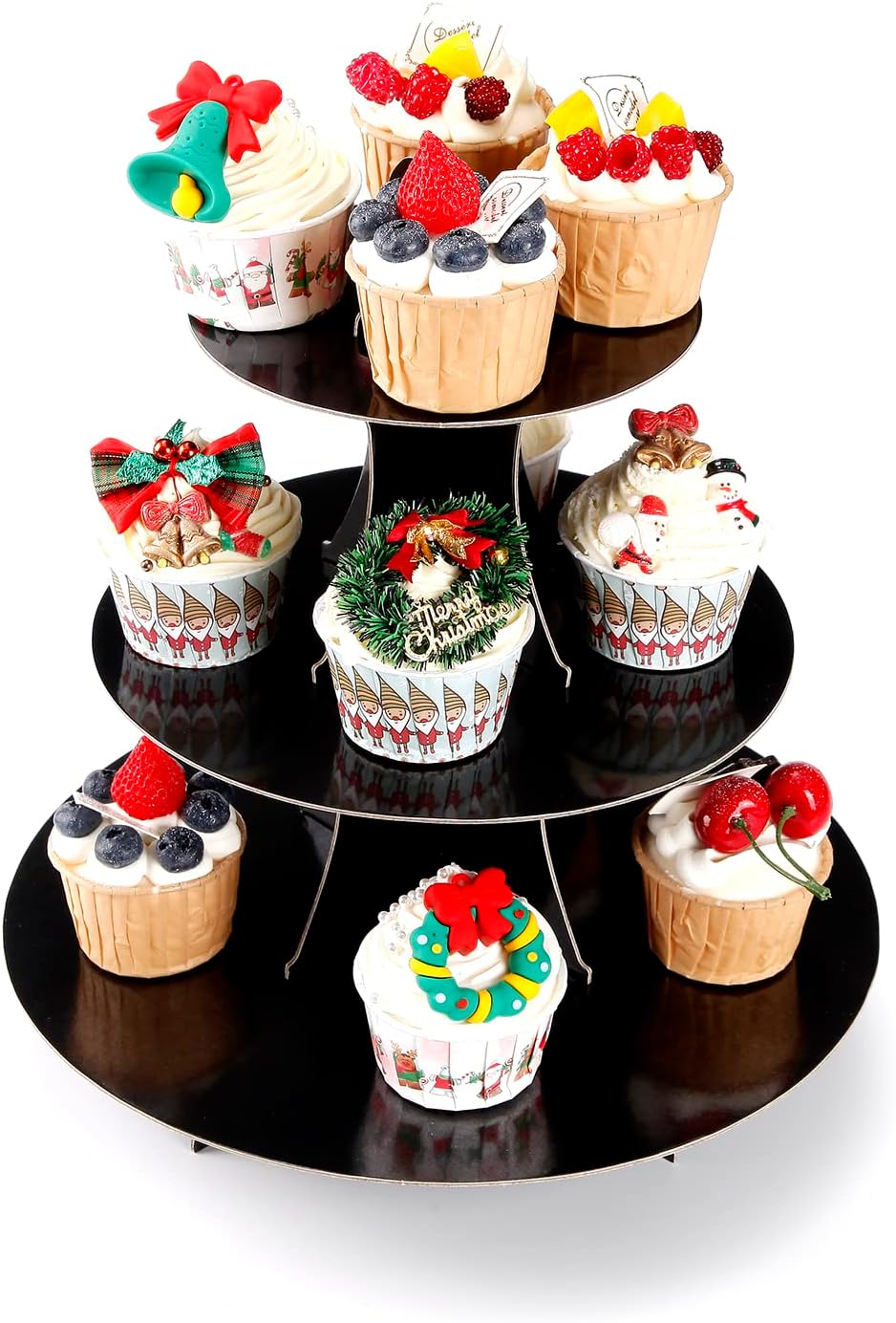 3-Tier Cupcake Stand, Cake Stand holder, Tiered DIY Cupcake Stand Tower for Dessert Table Displays, Birthday Theme Party Favors Decoration, Floral Tea Party, 12" W x 12.8" H, Black