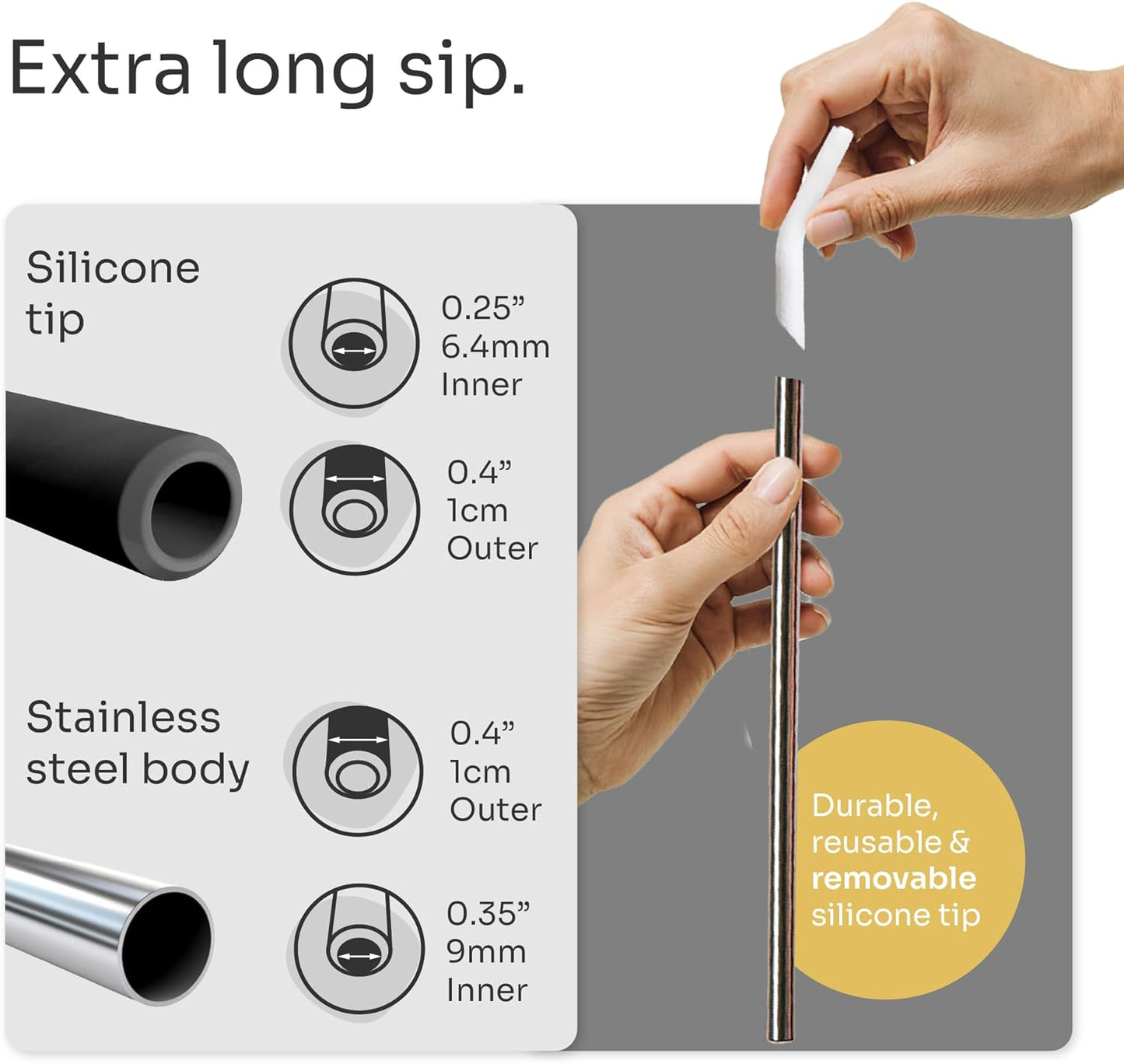 purifyou 14.5" Stainless Steel Straws with Silicone Tips, Extra Long & Wide Reusable Metal Straws for Tumblers, Smoothies, Milkshakes (Set of 10 with Brush)