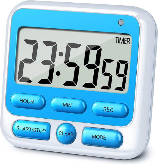 KTKUDY Digital Kitchen Timer with Mute/Loud Alarm Switch ON/Off Switch, 24 Hour Clock & Alarm, Memory Function Count Up & Count Down for Kids Teachers Cooking, Large LCD Display, Strong Magnet (Blue)