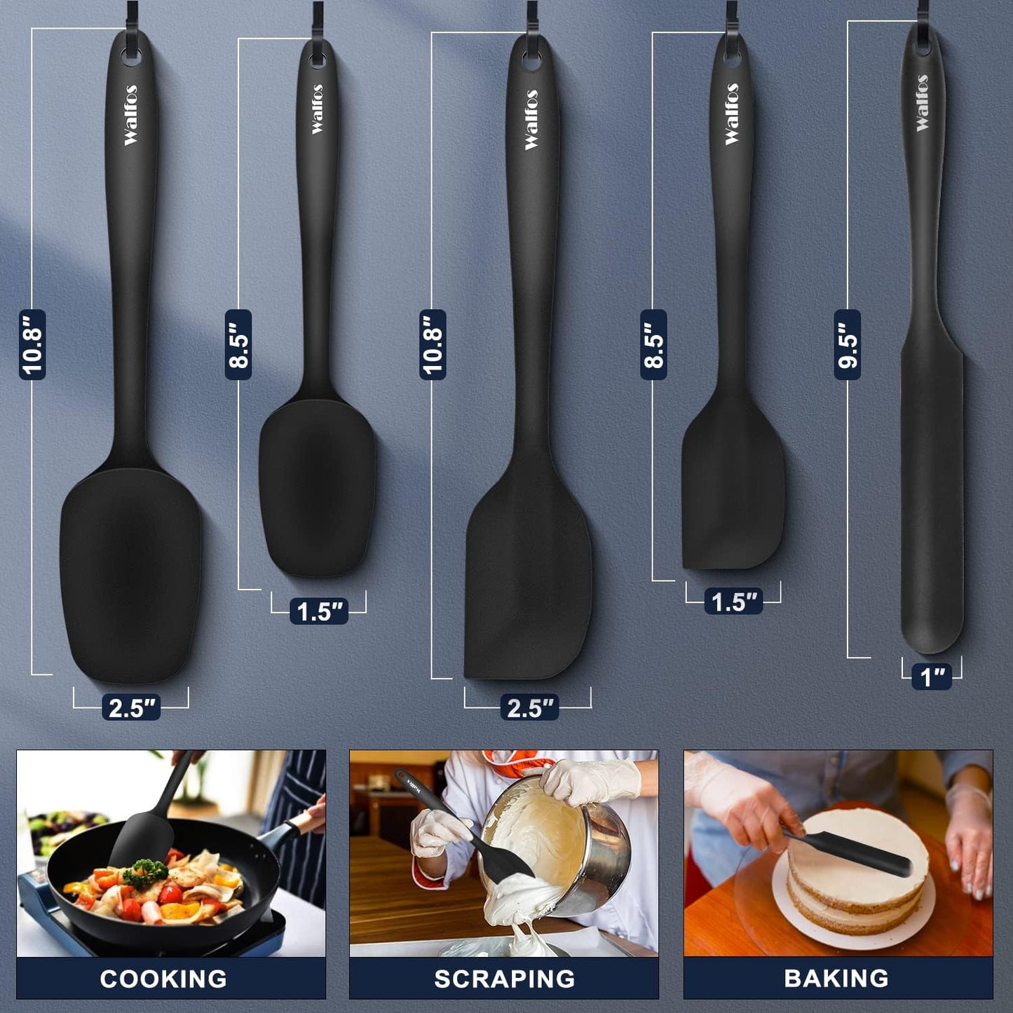 Walfos Silicone Spatula Set of 5 - (600°F) High Heat Resistant Kitchen Scraper Spatulas, One-Pieces Seamless Design, Perfect for Cooking Mixing & Baking - BPA Free and Dishwasher Safe,black