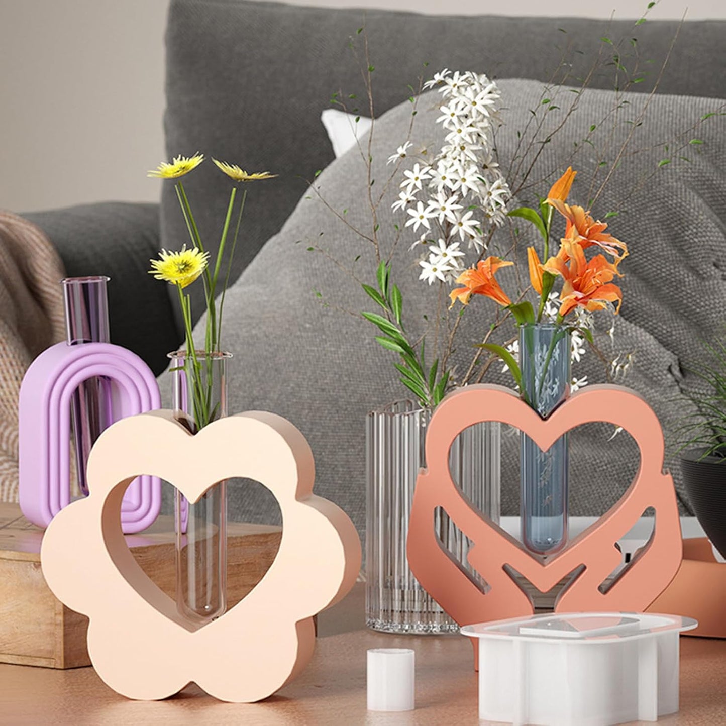 Heart Resin Vase Mold with Test Tube Culture Water Plant Silicone Molds for Crafts Epoxy Resin Casting Mold for DIY Flower Holder Home Office Decor Wedding (Style 2)