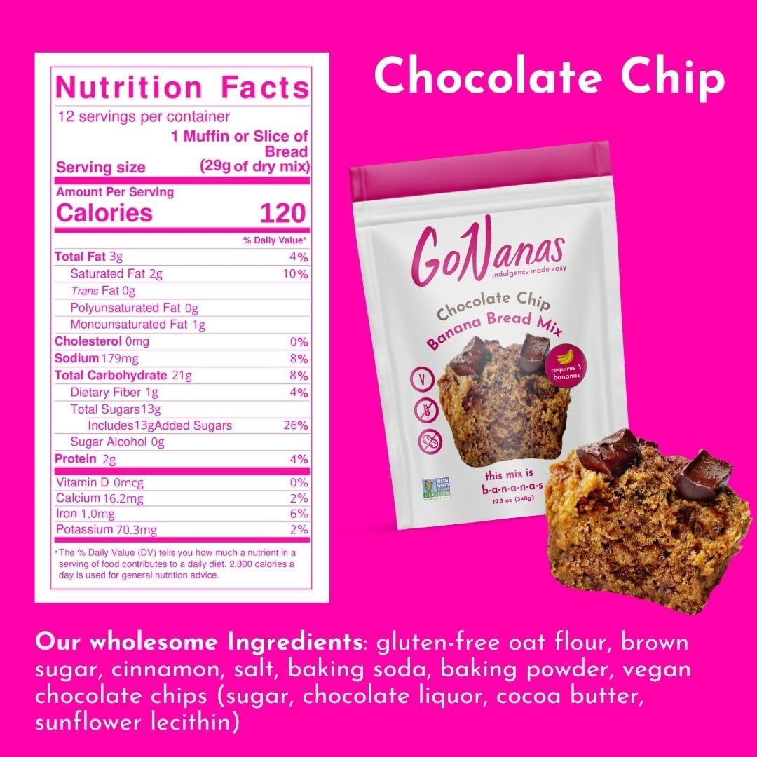 GoNanas Chocolate Chip Oat Flour Banana Bread Mix, Suitable for Plant Based Vegan Diets, Gluten Free Dairy Free Snacks, Healthy Snacks For Adults, Muffin Mix, Nut Free, Cupcakes Dessert, NON-GMO, 4pk