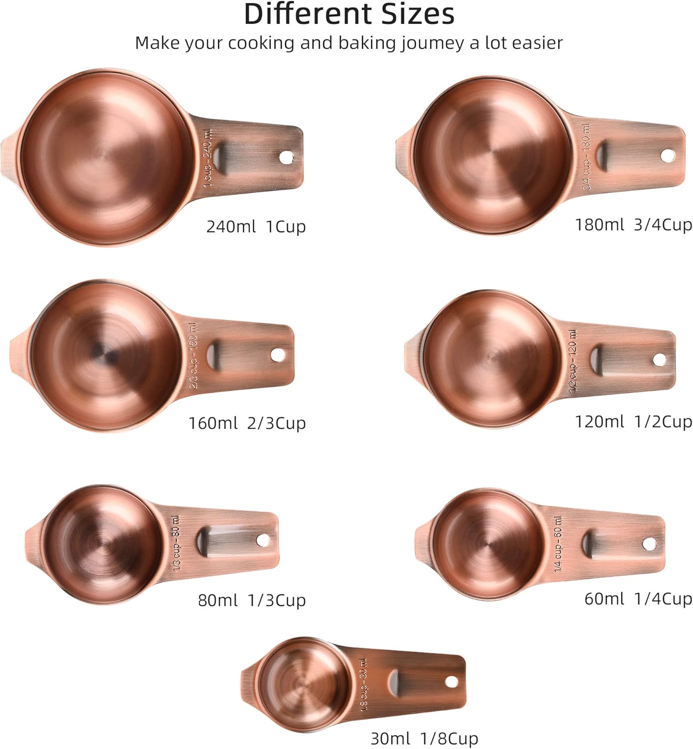 Copper Measuring Cups Set 7, Stainless Steel Set for Kitchen & Baking, Meteor Metric & US Cups With 2/3 & 3/4 Measure for Dry & Liquid Ingredients
