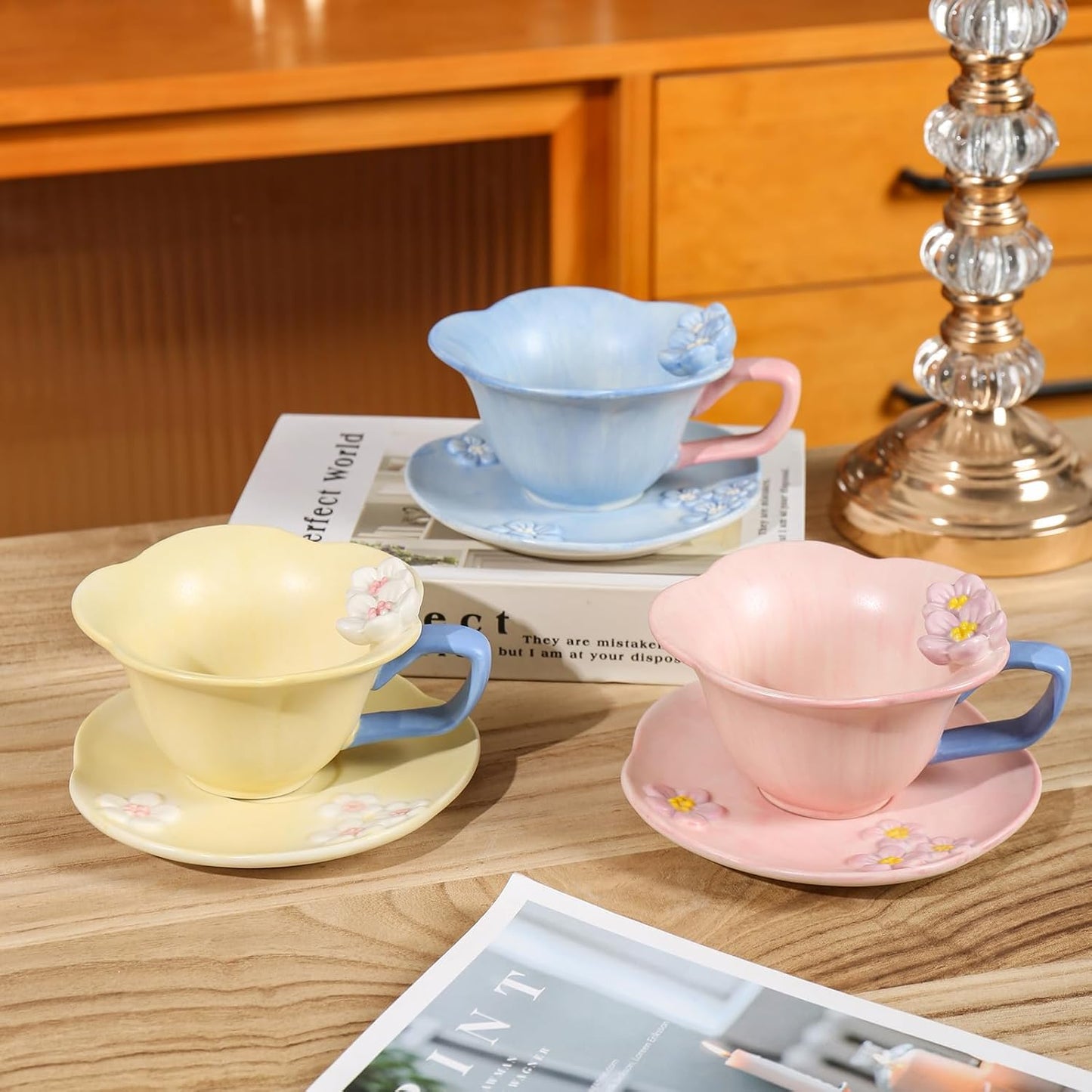 Floral Tea Cups and Saucers, Ceramic Cute Coffee Mug for Women Tea Party, Cappuccino Latte Milk (Yellow)