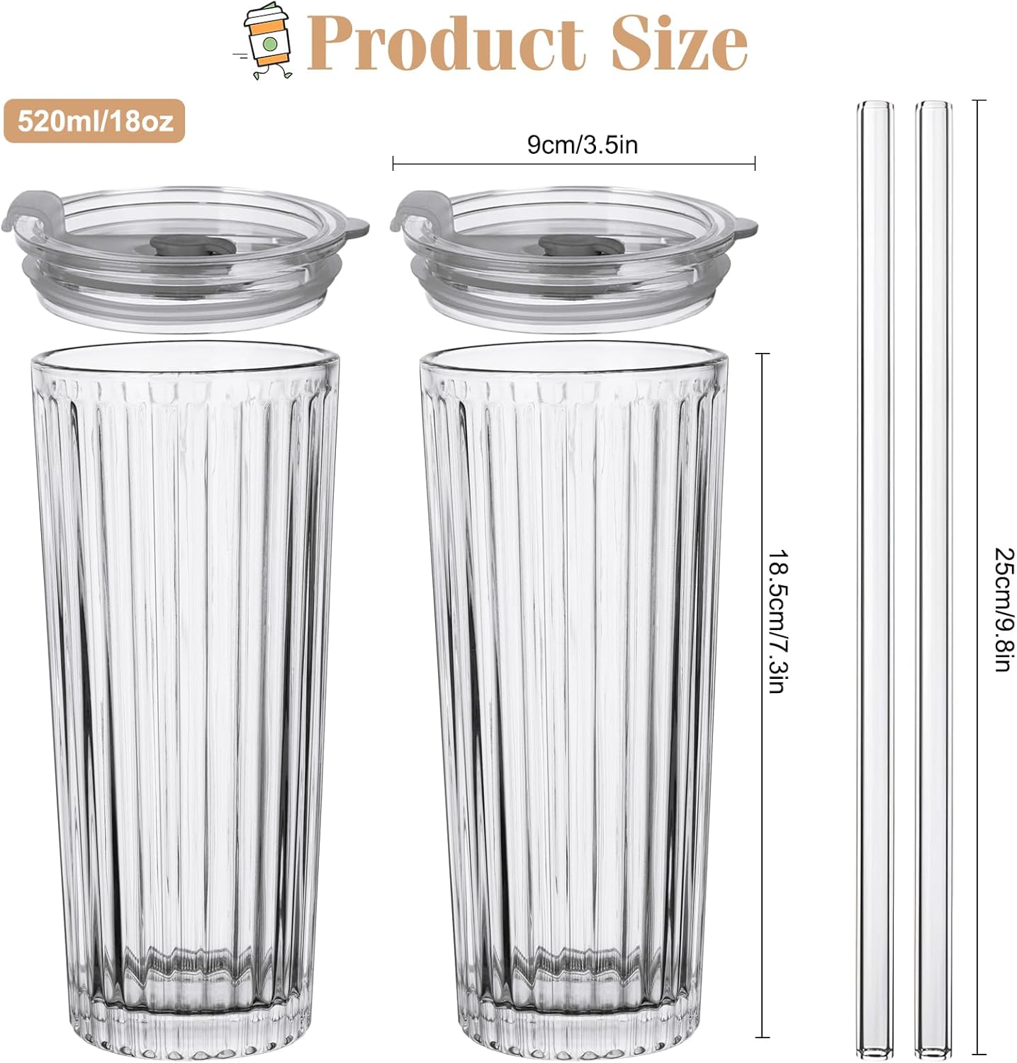 18oz Ribbed Glass Tumbler with Lid and Straw Set of 2: Leak-Proof Drinking Glasses to Go, Reusable Iced Coffee Cups for Cold Drinks, Juice, Smoothie, Glass Cups with Stylish Ribbed Design