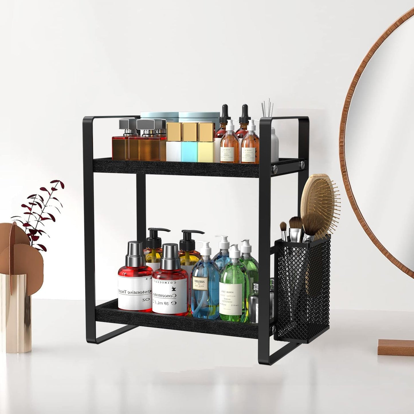 Bathroom Counter Organizer, Wood Vanity Trays with Basket, Skincare Countertop Organizers, Large Capacity Makeup and Perfume Organizer