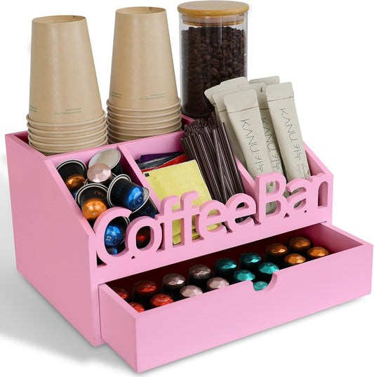 Coffee Bar Organizer for Countertop – Wooden Coffee Station with Black Drawer, Tea and K Cup Storage Rack, Coffee Pod Holder for Home and Office Counter Organization (Drawer - Pink)