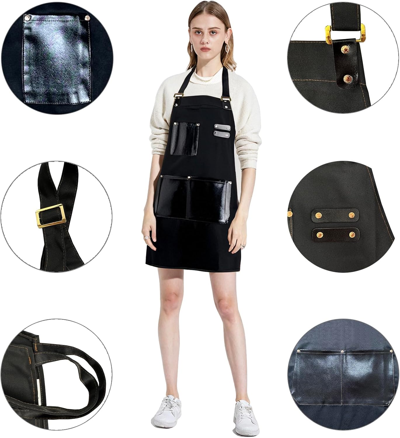 Barista Waitress Chef Cooking Aprons Waterproof Canvas Hair Stylists Apron with 3 Pockets for Women