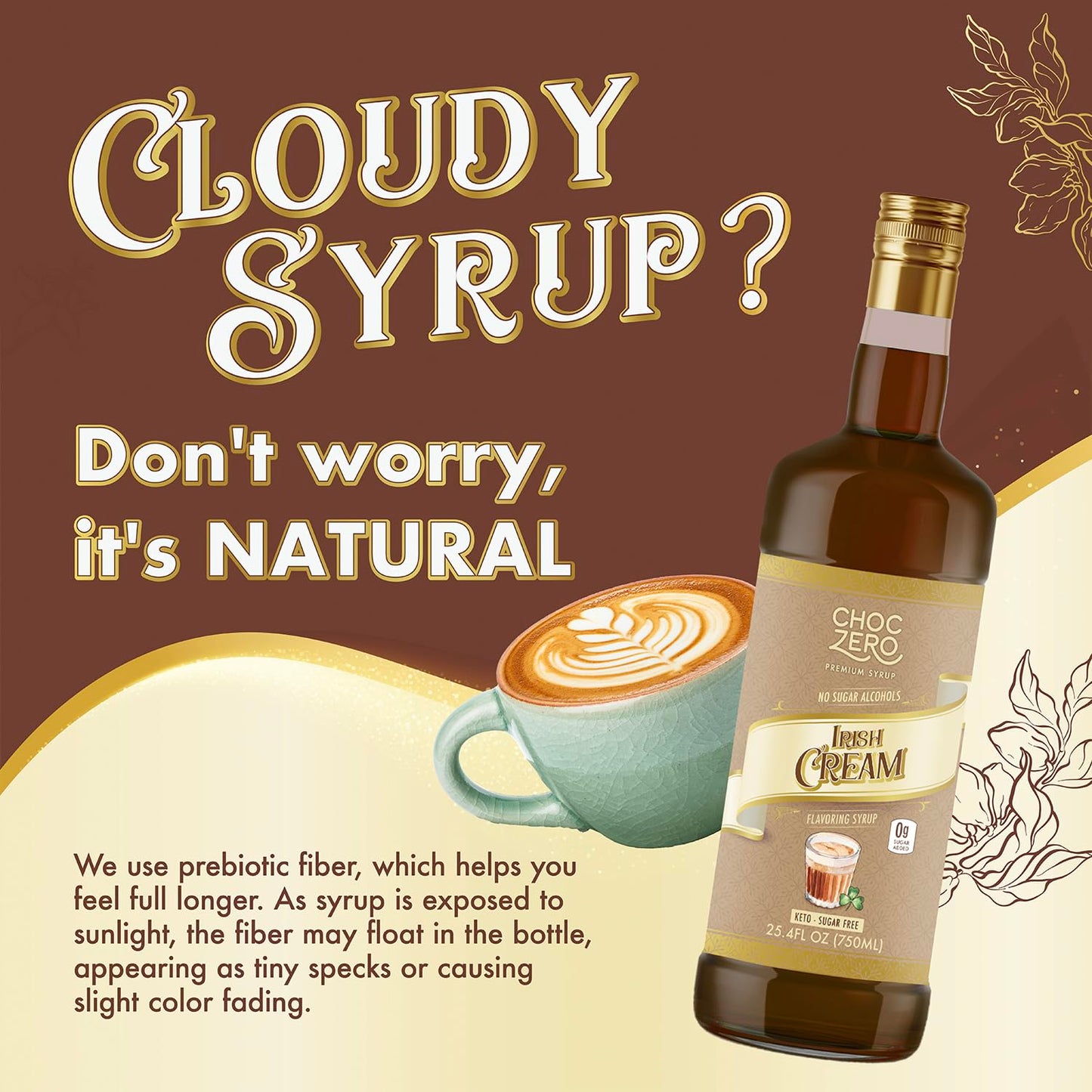 ChocZero Sugar Free Coffee Syrup, Irish Cream Flavor, Simple Syrup Drink Mix, Mudslide Cocktails, Protein Shakes & Baking, Gluten Free, All Natural, 25.4 Ounces (Pack of 1)