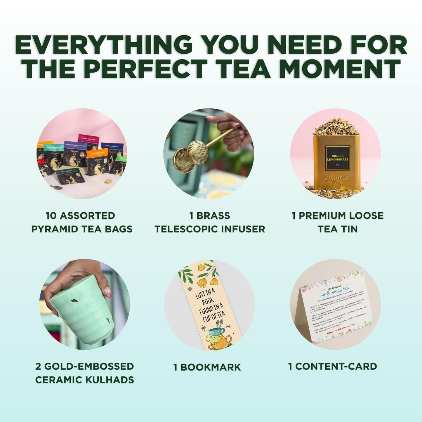 CHAYAM Tea Lover's Luxury Gift Basket with Cups & Infuser | 10 Assorted Tea Bags, Ginger Lemongrass Herbal Loose Leaf 50g/1.76oz, 2 Mugs & Lead-Free Premium Brass Infuser | Self-Care Gifts for Mom and Her