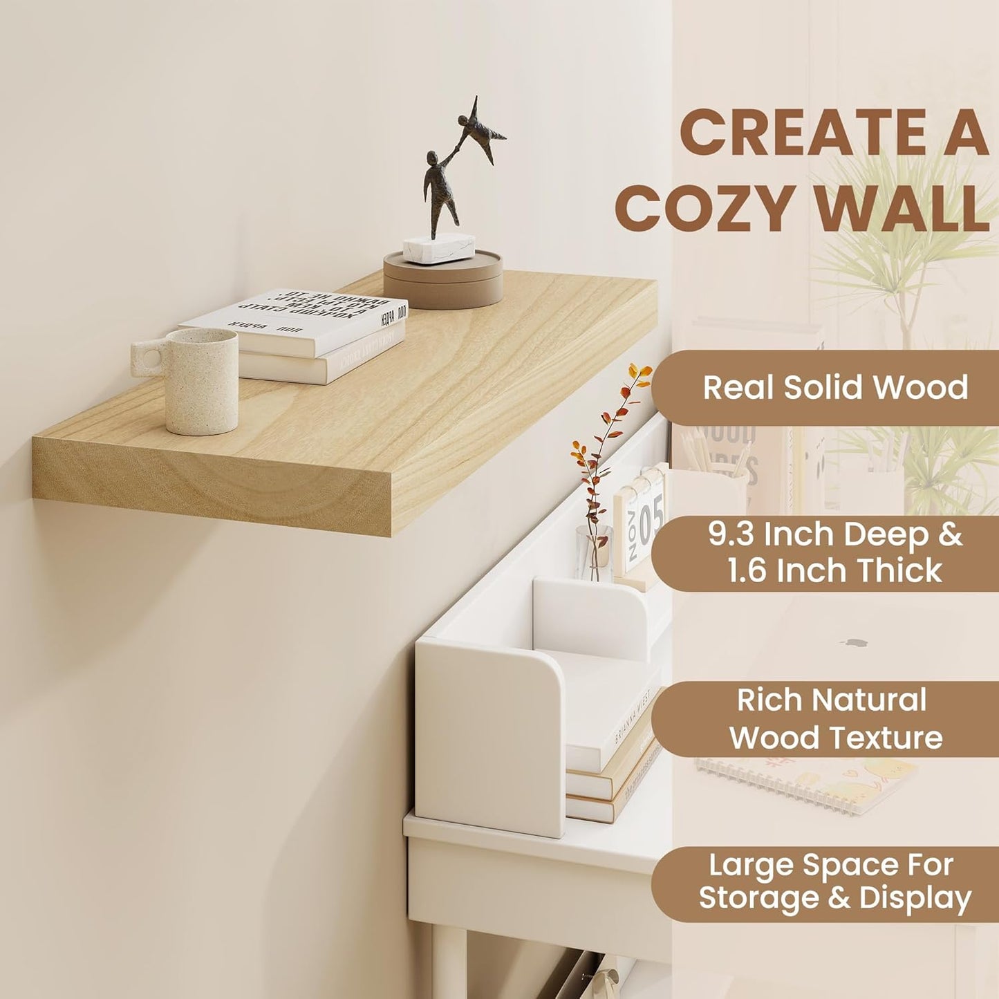 48" Solid Wood Floating Shelves, 9.3 Inch Deep Floating Shelves for Wall, Rustic Wooden Shelves for Wall Decor, Large Fireplace Mantel for Storage, Deep Floating Shelf Set of 1, Burlywood