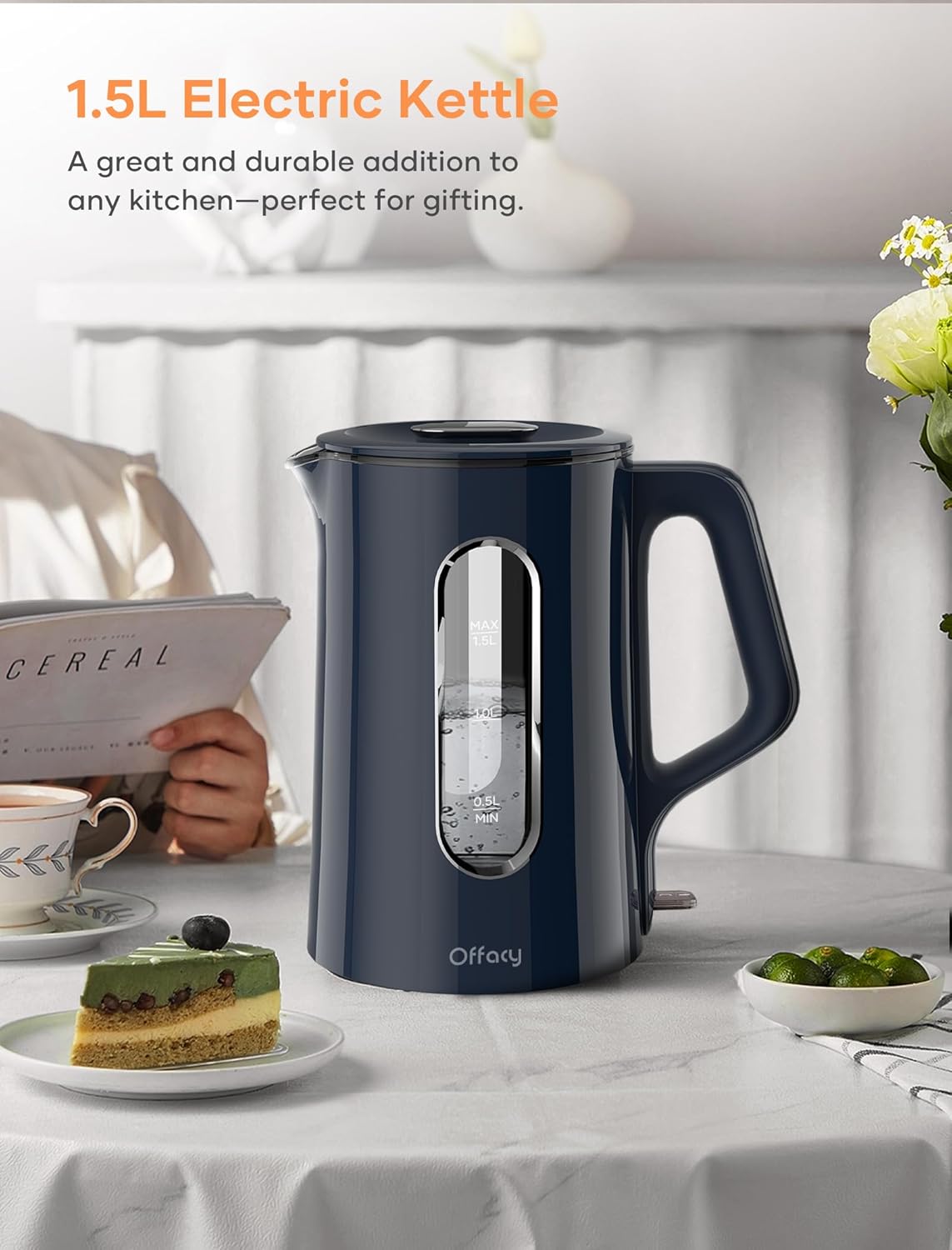 Offacy Electric Kettle, Tea Kettle Pot, Double Wall Glass Inner 1.5L/1200W, Hot Water Kettle Teapot Boiler & Heater with Automatic Shut Off, BPA-Free & LED Indicator Lights (Navy Blue)