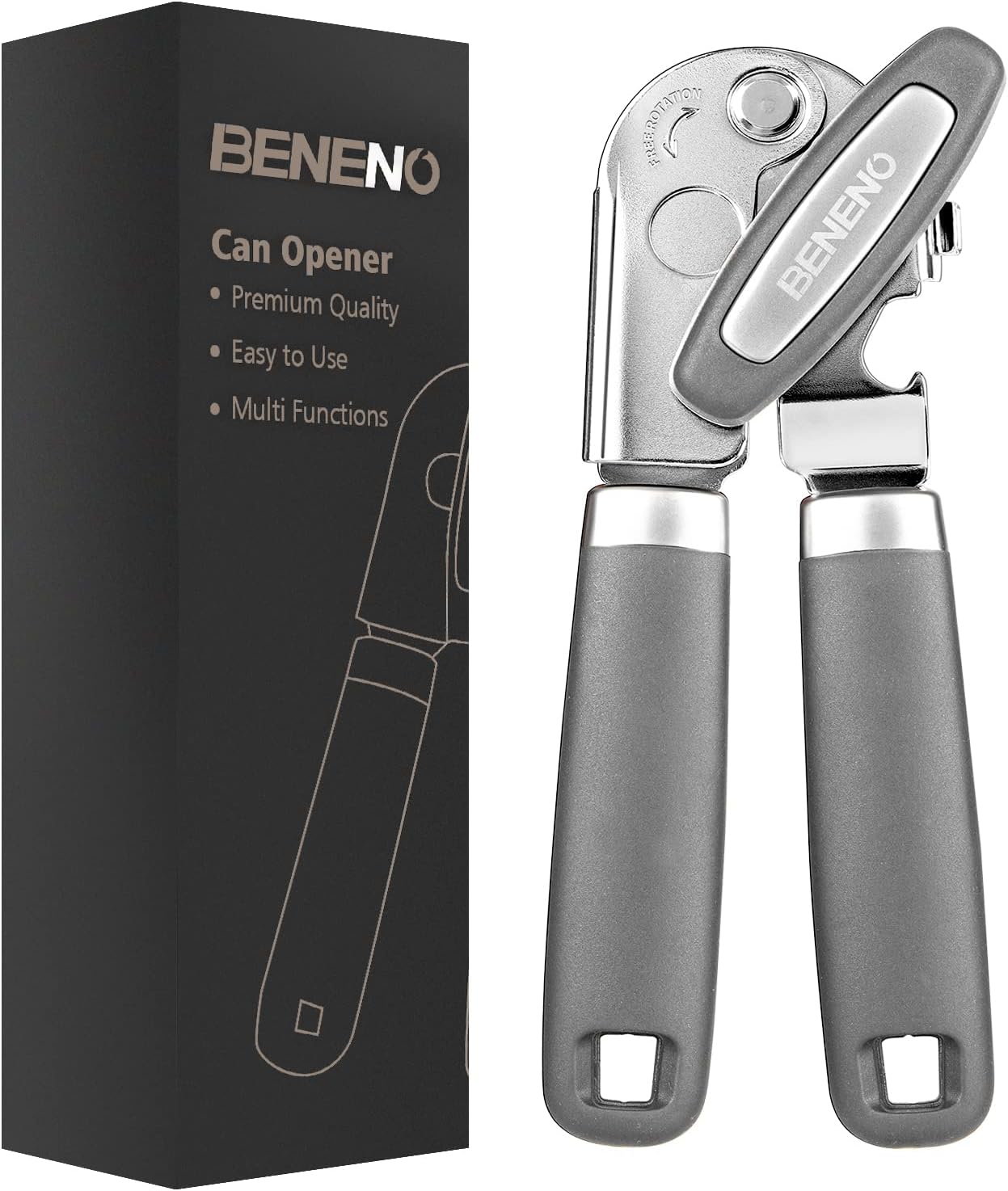 Beneno Can Opener Manual with Magnet, Hand Held Heavy Duty Can Opener with Durable Sharp Blade Smooth Edge, Big Effort-Saving Knob, Soft Grip Rubber Handle, Multifunctional Bottle Opener, Gray