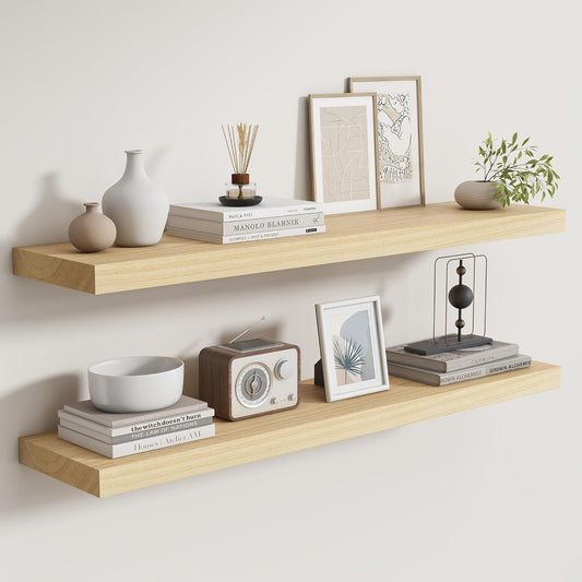 Fun Memories Rustic Real Wood Floating Shelves, 8 Inch Deep Floating Shelf Wall Mounted, 36" W x 8" D Wall Shelves Storage Shelves for Living Room, Bedroom, Bathroom, Burlywood, Set of 2