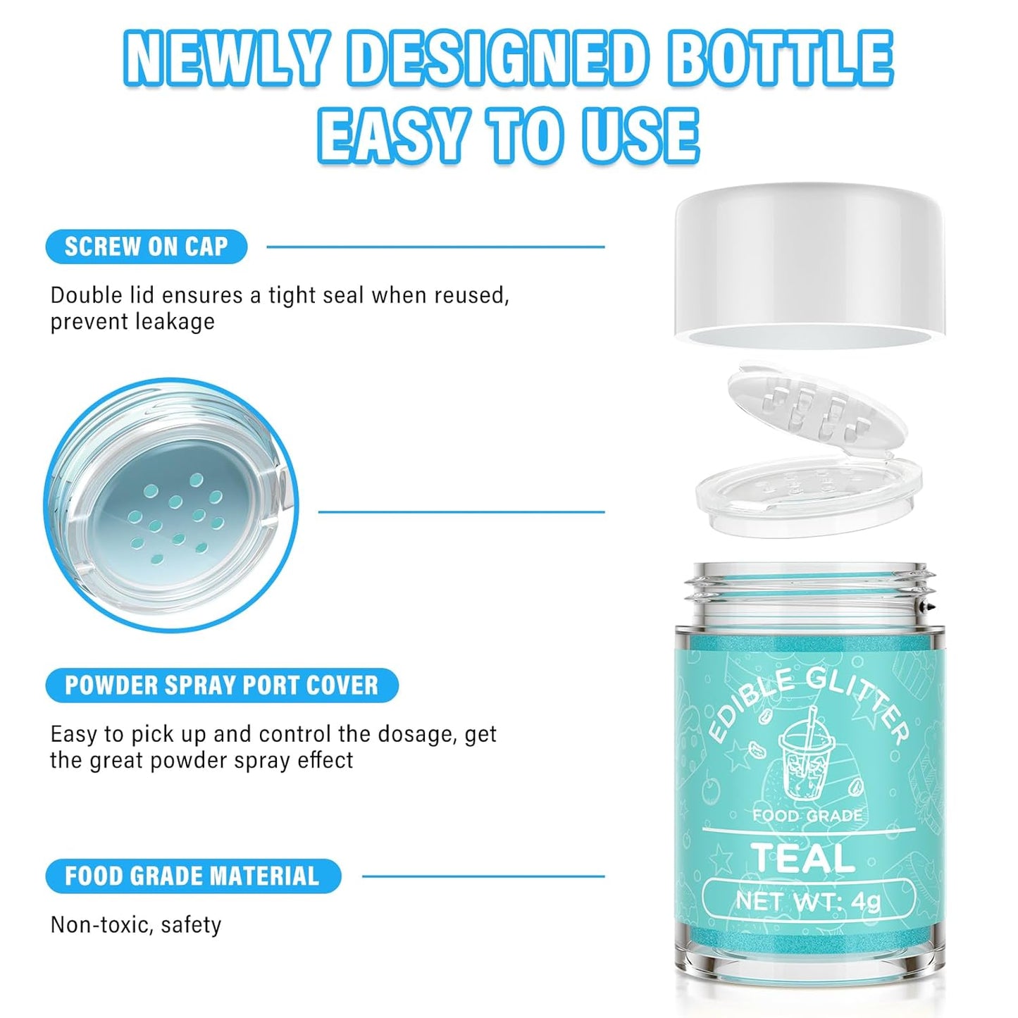 Cherrysea Edible Glitter for Drinks Cocktails Food Grade Edible Drink Shimmer Powder for DIY Champagne Beverages Wine 2 Colors Vegan Edible Luster Dust Set 4g/Bottle Gluten Free - Teal+Blue