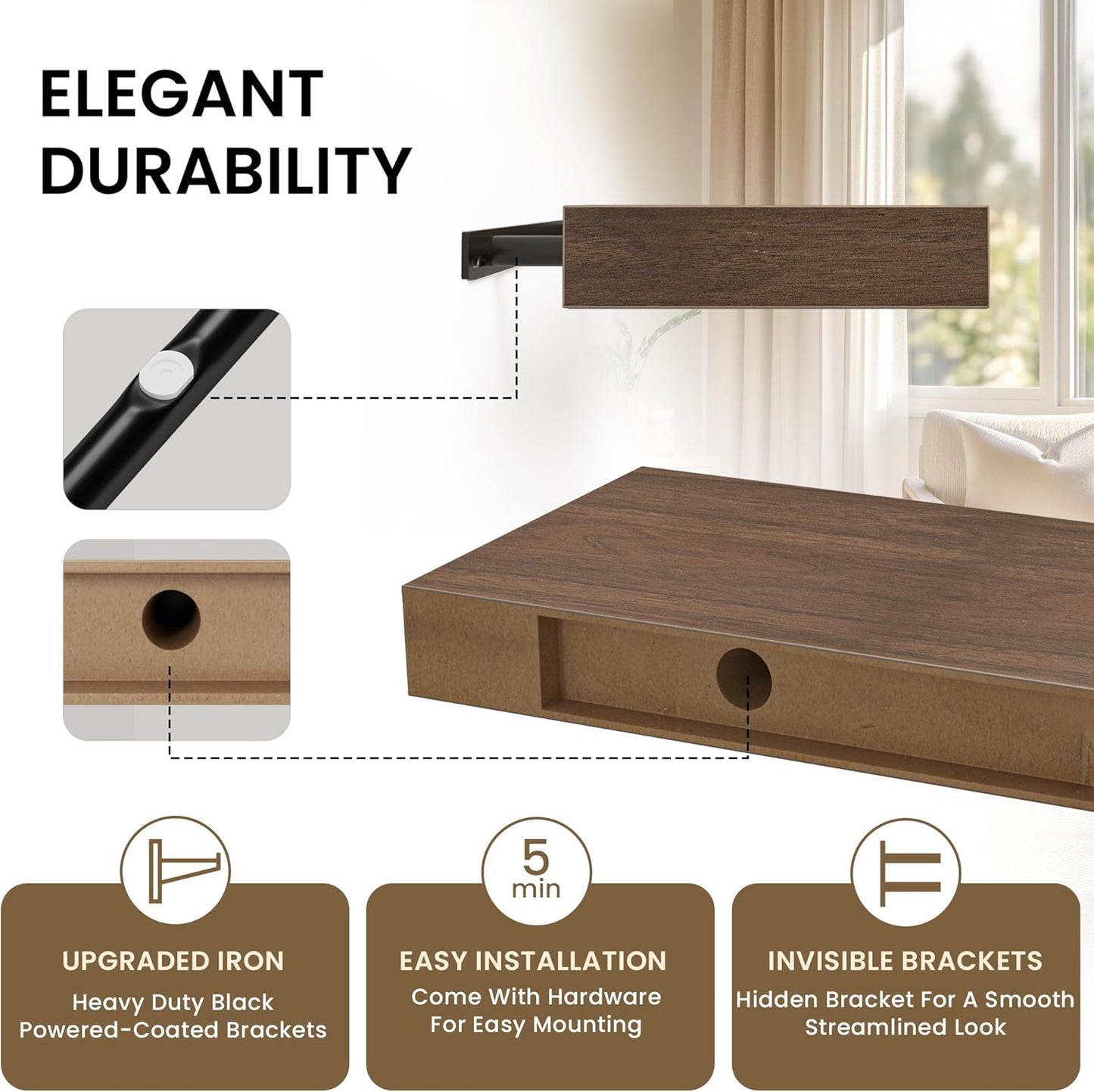 Floating Shelves for Wall, 48" W x 9.3" D x 1.5" H, Wooden Wall Mounted Display Shelves with Invisible Brackets for Living Room, Bedroom, Bathroom, Kitchen Decor and Storage, Set of 1, Walnut