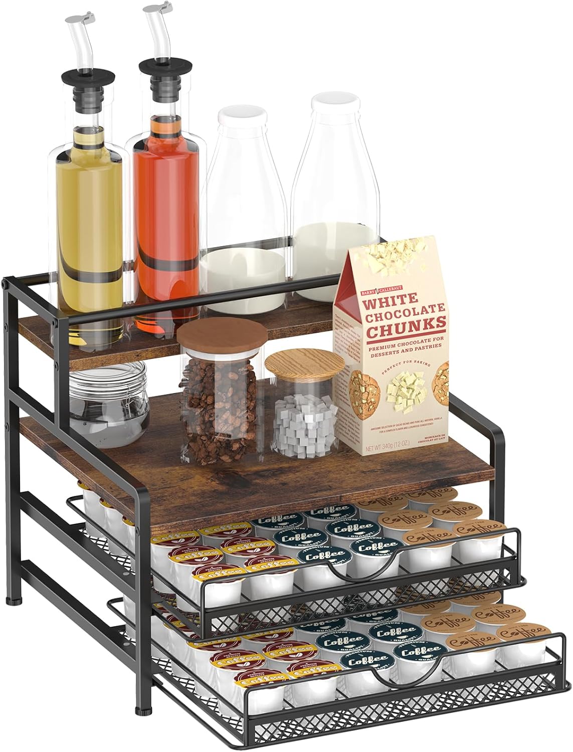 Coffee Bar Organizer, Coffee Pod Organizer,3 Tier Coffee Syrup Rack Organizer,72 K Cup Storage for Counter Storing K Cup,Coffee Syrups, Coffee Makers and Other Coffee Supplies-Rustic Brown