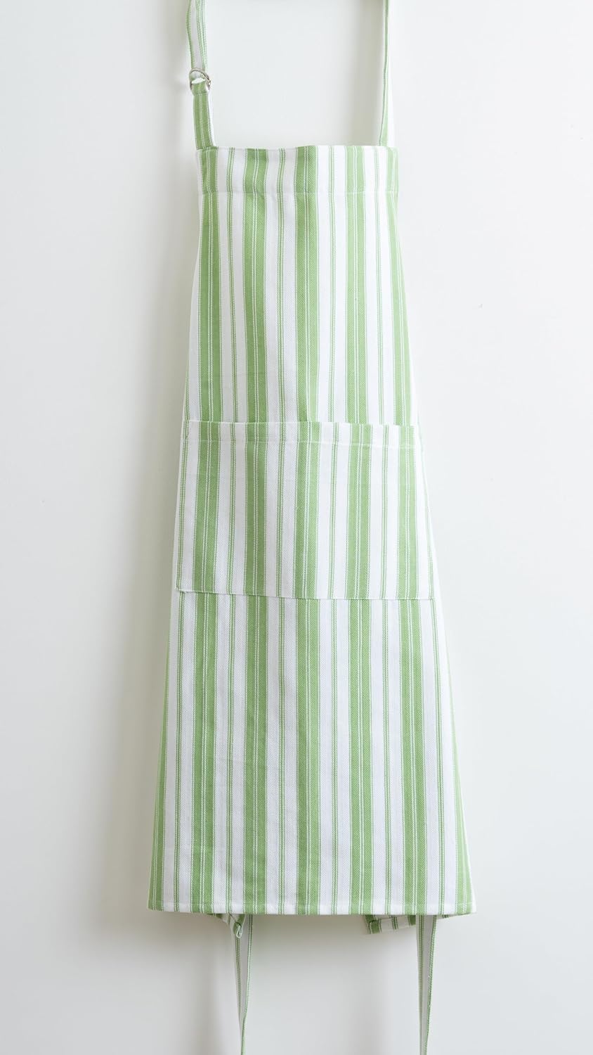 1 Oven Mitt, 1 PotHolder & 1 Kitchen Apron Set - Durable Heat Resistant Gloves - Thick Mittens for Kitchen - Suitable for Cooking, Baking, Grilling – Men & Women – Grass Green Stripes